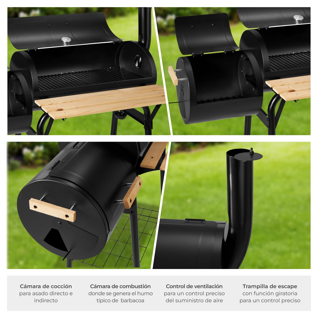 TecTake® Barbacoa de Carbón con Ahumador y Ruedas, Parrilla Acero Inoxidable, Termómetro Incorporado, Estructura Estable Móvil, BBQ Grill Exterior Grande con Tapa, Asador para Jardín, Camping