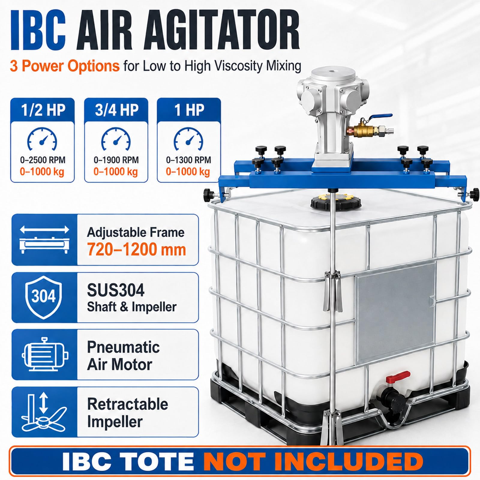 Miscelatore Pneumatico per Cisternetta IBC 1000L con Supporto Regolabile, Girante Pieghevole 250 mm e Albero SUS304 per Vernici, Resine e Adesivi A