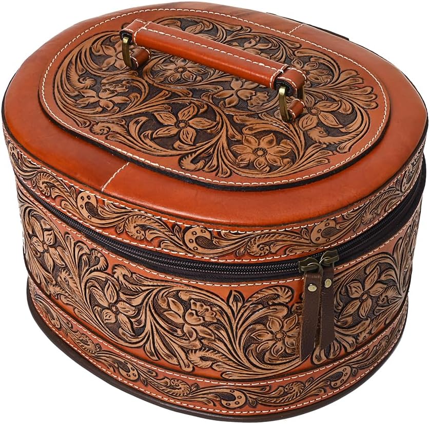 American Darling Hand Tooled Floral Carved Leather Jewelry Case Vegetable-Tanned Genuine Leather YKK Zipper Western Storage