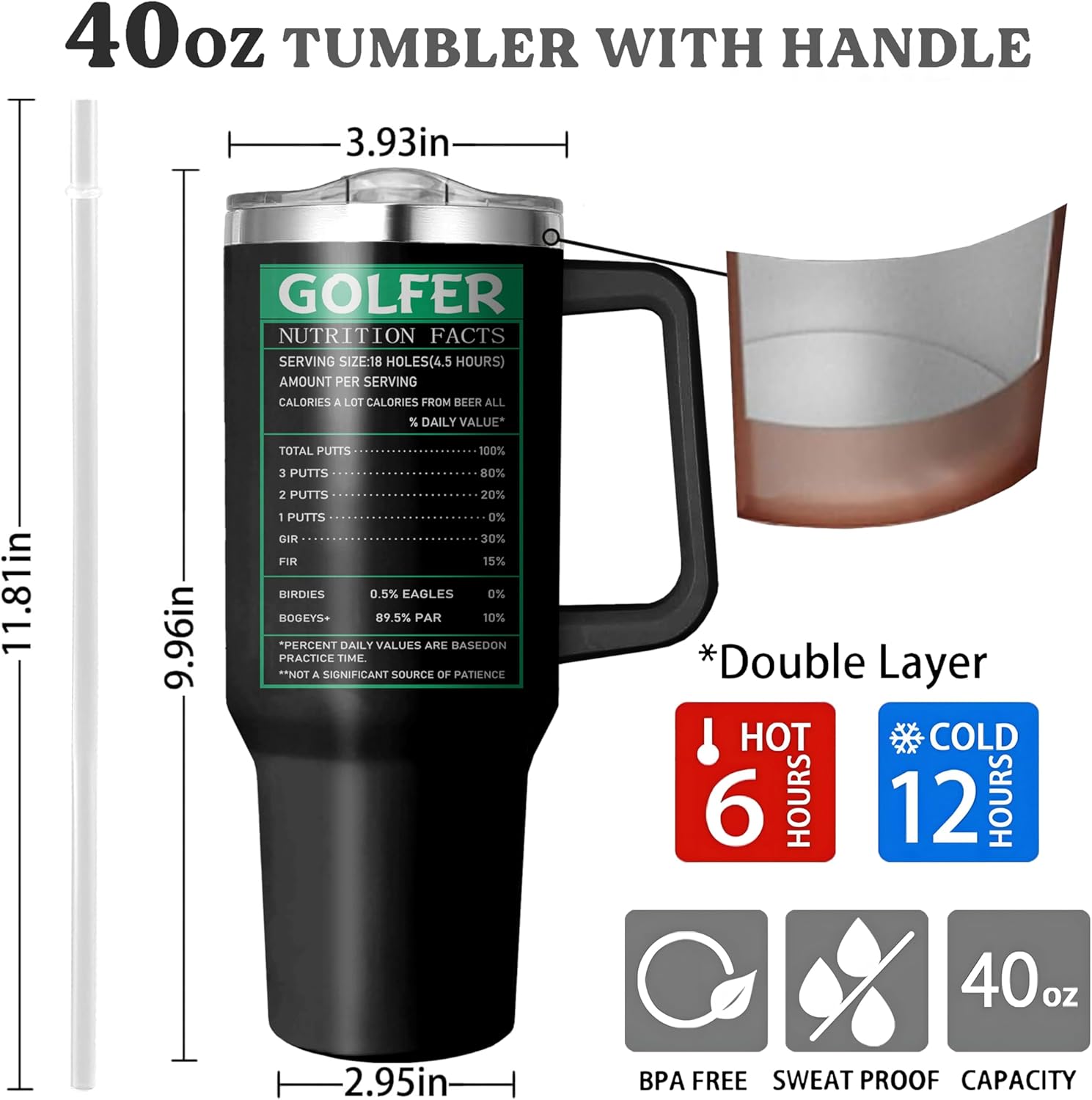 40 Oz Golf Tumbler with Handle and Straw, Double Wall Coffee Travel Golf Mug Spill Proof Leak Proof, Stainless Steel golf Cup with Handle and Straw, Reusable Insulated Water Bottle 40 Oz Gifts for men - Image 2