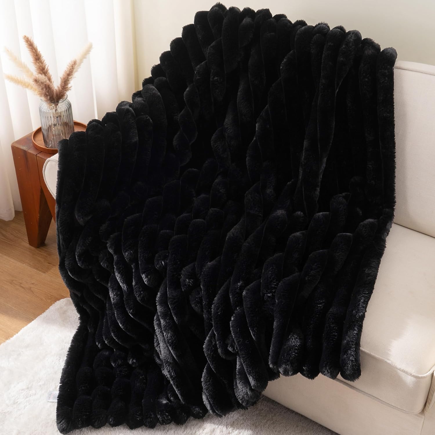 Battilo Faux Fur Throw Blanket, Cozy Warm Plush Striped Rabbit Fur Blanket for Couch and Bed, Super Soft Fuzzy Black Blanket for Living Room Bedroom, Home Decor & Gifts, 50"x60" - Image 2
