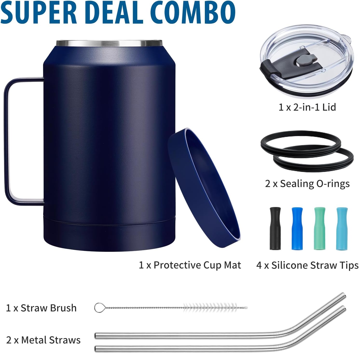 32 oz Mug Tumbler with Handle and Straw - Large Stainless Steel Coffee Cup with 2-in-1 Lid, Insulated Water Bottle Flask Jug, Metal Thermal Cup Keep Cold 36 hrs, Leakproof Proof BPA-Free