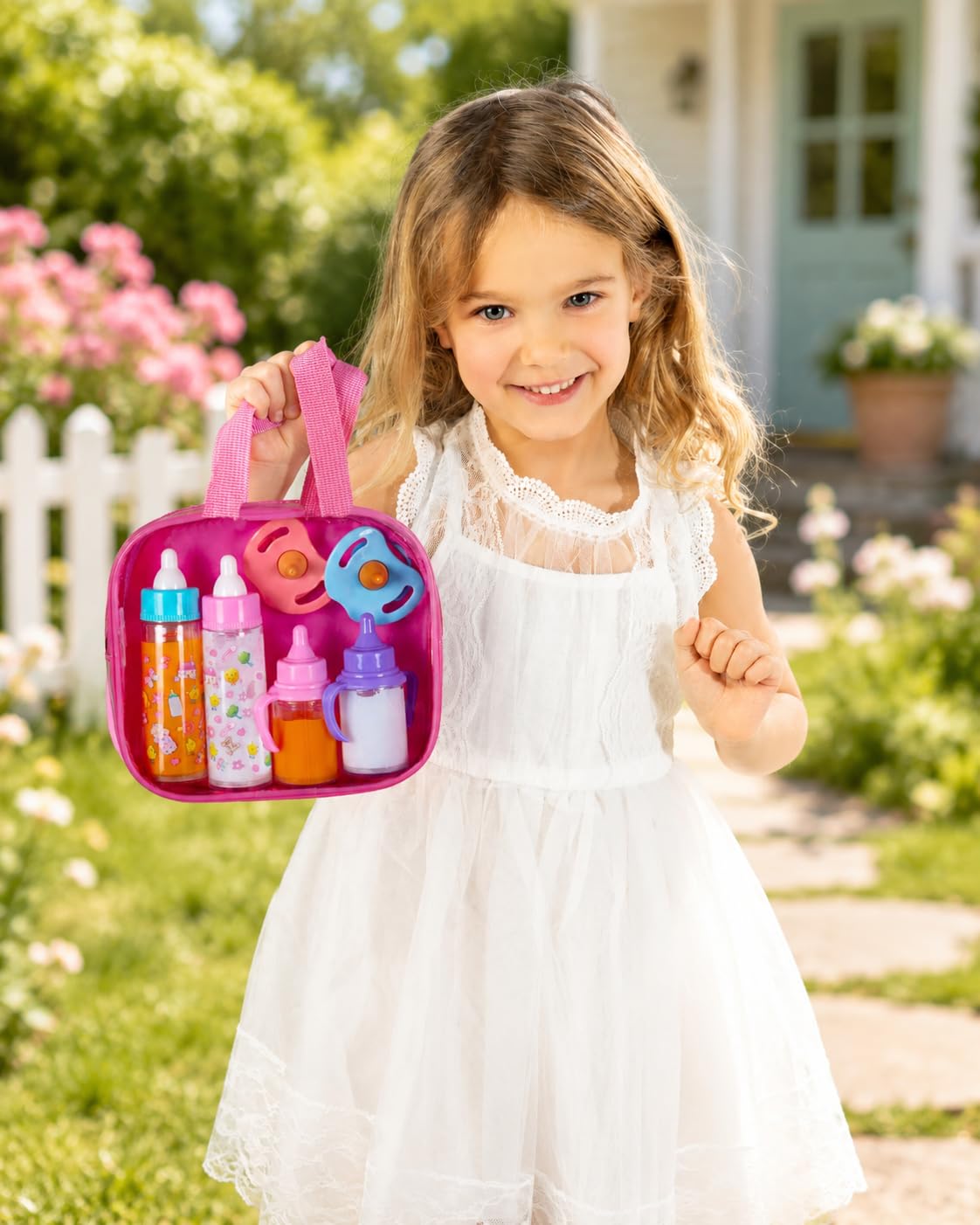 fash n kolor® Accessori per bambole per neonati, 6 accessori in borsa per pannolini, bottiglia magica, accessori per bambole, giocattoli, kit per la cura delle bambole, regali