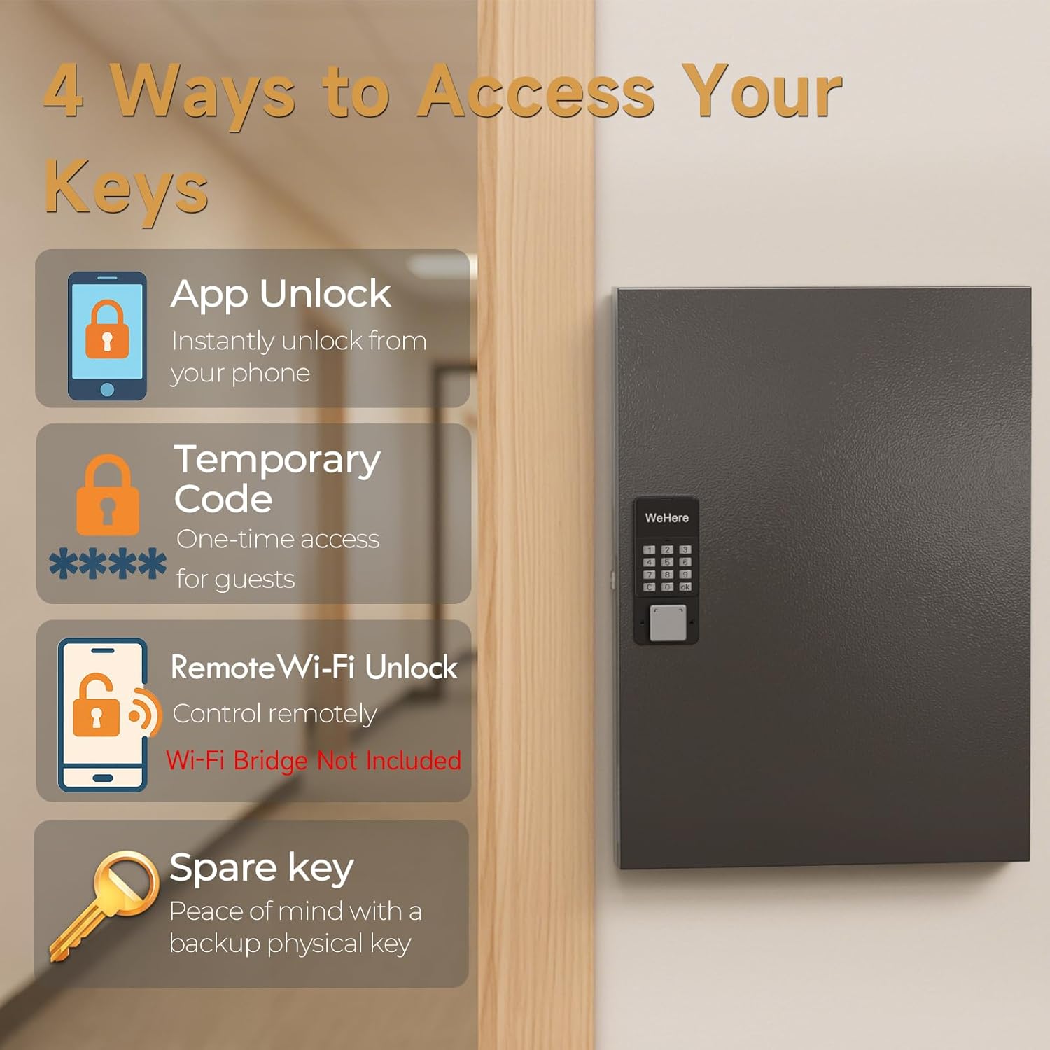 72-Key Smart Key Lock Box Wall Mount – Commercial Key Cabinet with App, Keypad, Bluetooth & WiFi Unlock (Sold Separately), Access Log Tracking, Key Management System for School, Office