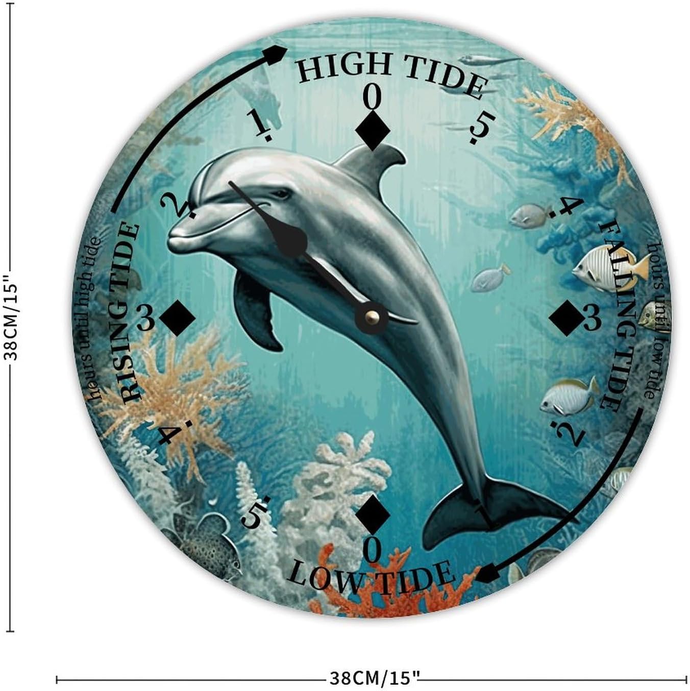 Dolphin Wood Tidal Clock Ocean Time Maritime Coastal Beach High Tide Low Tide Clock Rustic Wooden Nautical Tide Movement Vintage Decor for Beach House Kitchen Wall Art 15x15 in