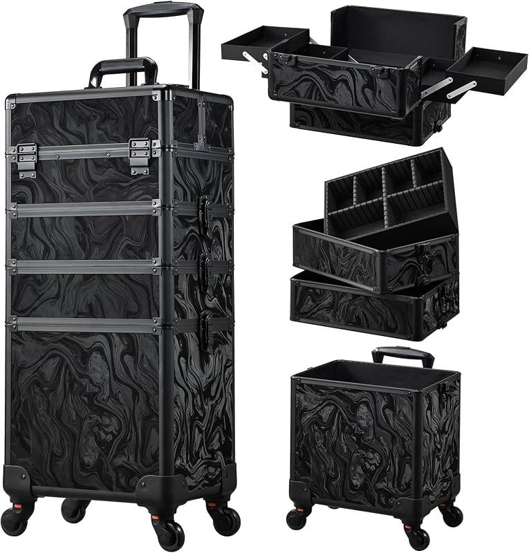 Valise de Maquillage 4-en-1 XXL Grande Capacité, Cadre Aluminium Mallette Cosmétique Verrouillable à roulettes 360°, pour Coiffure, Onglerie, Alpine Noir