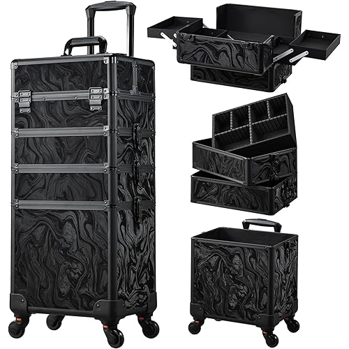 Stagiant Rolling Makeup Case Cosmetology Case on Wheels 4 in 1 Makeup Travel Case Extra Large Cosmetic Box with Key Make Up Artist Traveling Storage Nail Case Salon Barber Cart Trunk Alpine Black