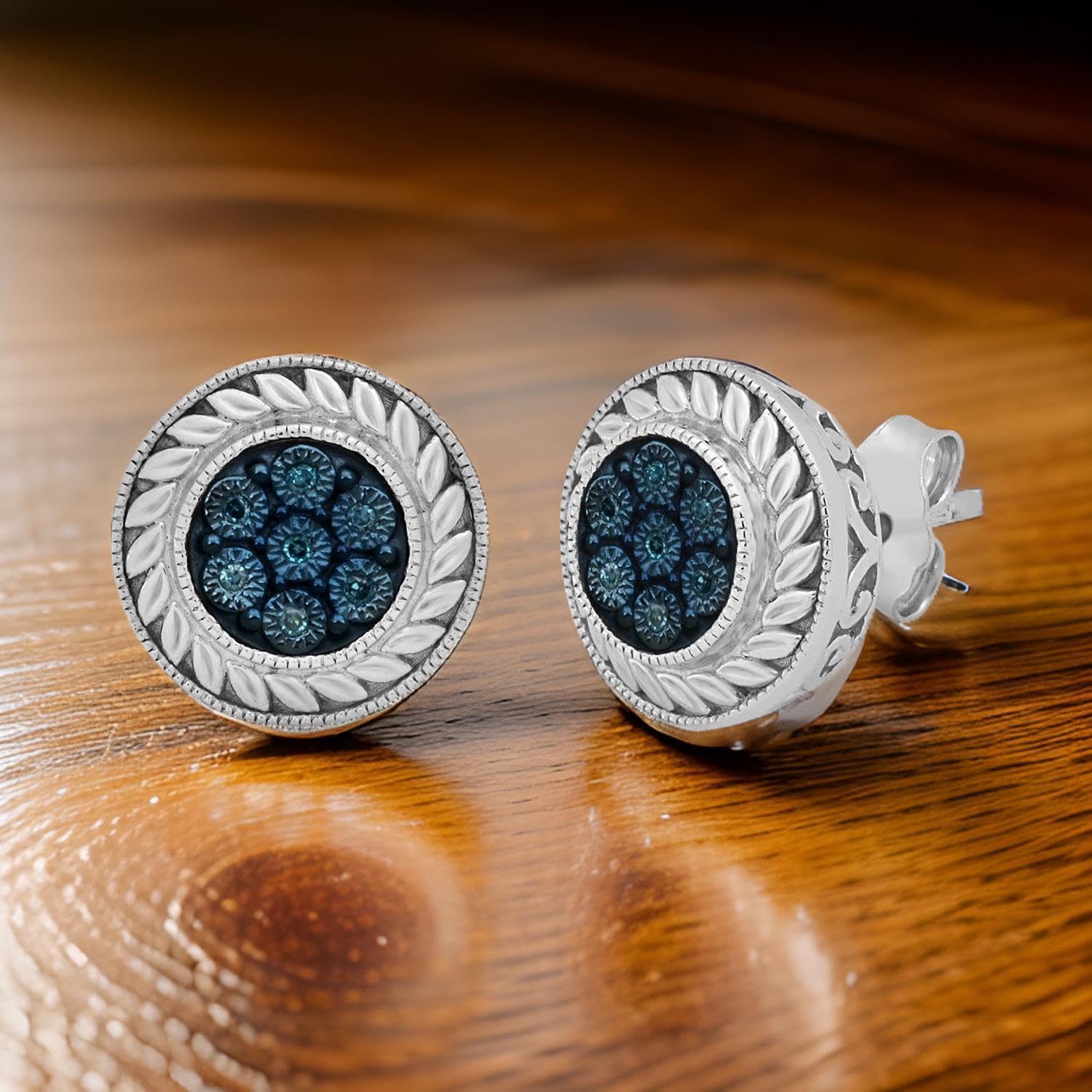 Jewelili Sterling Silver Blue, White, Champagne Diamond Accent Round Stud Earrings