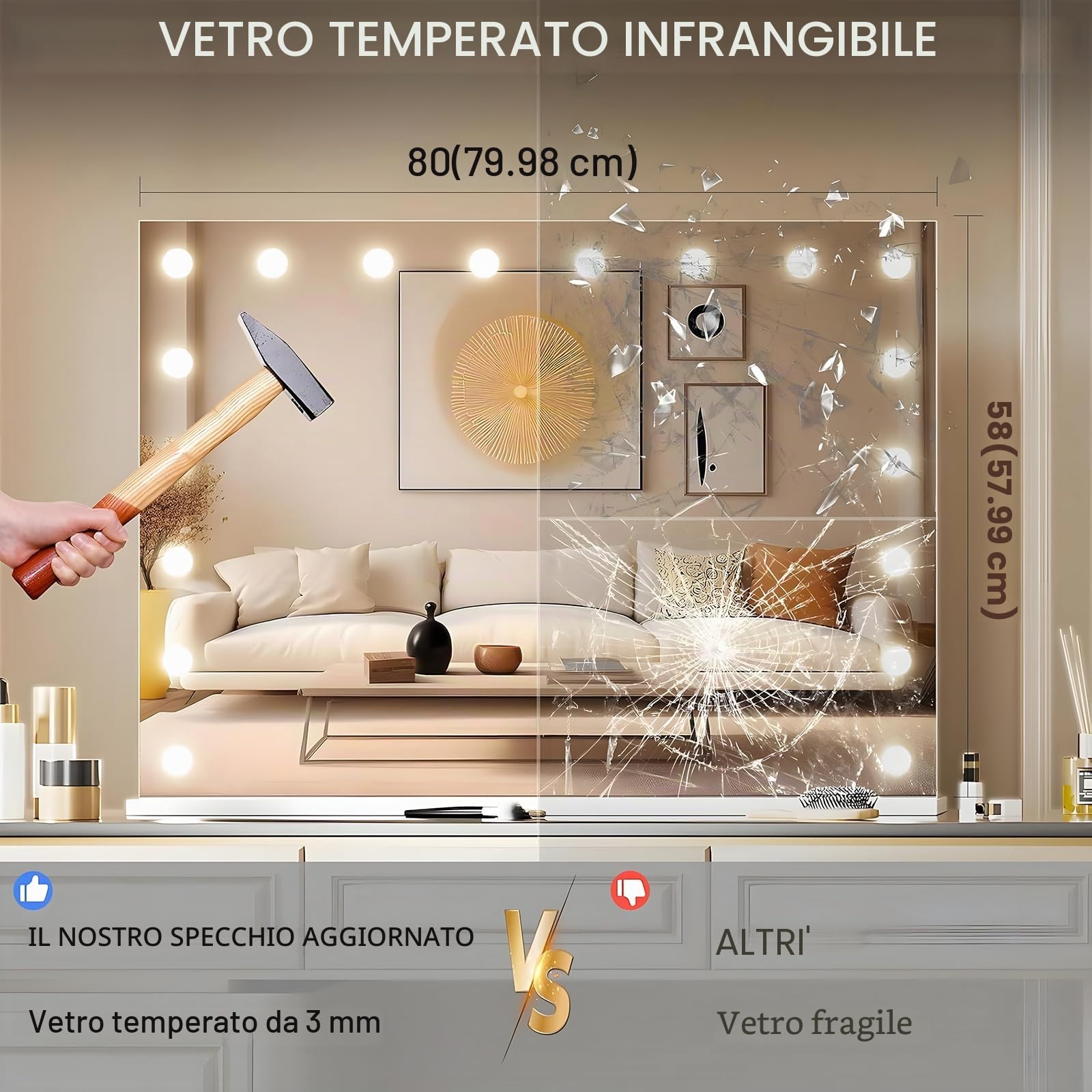 Hansong Hollywood - Specchio da 80 x 60 cm, con illuminazione e Bluetooth, 18 luci LED, 3 modalità a colori, specchio dimmerabile