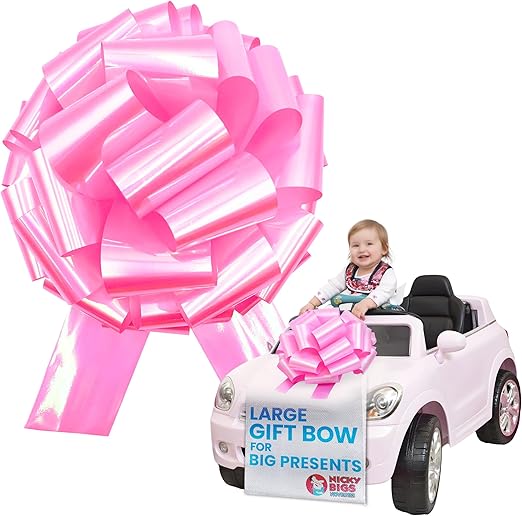 Nicky Bigs Novelties - Large Iridescent Metallic Ribbon Gift Bow, Perfect Big for Car Gift Birthday Wedding Gender Reveal Decoration Jumbo, Easy Instant Pull String - 14 Inch Pink Pull Bow