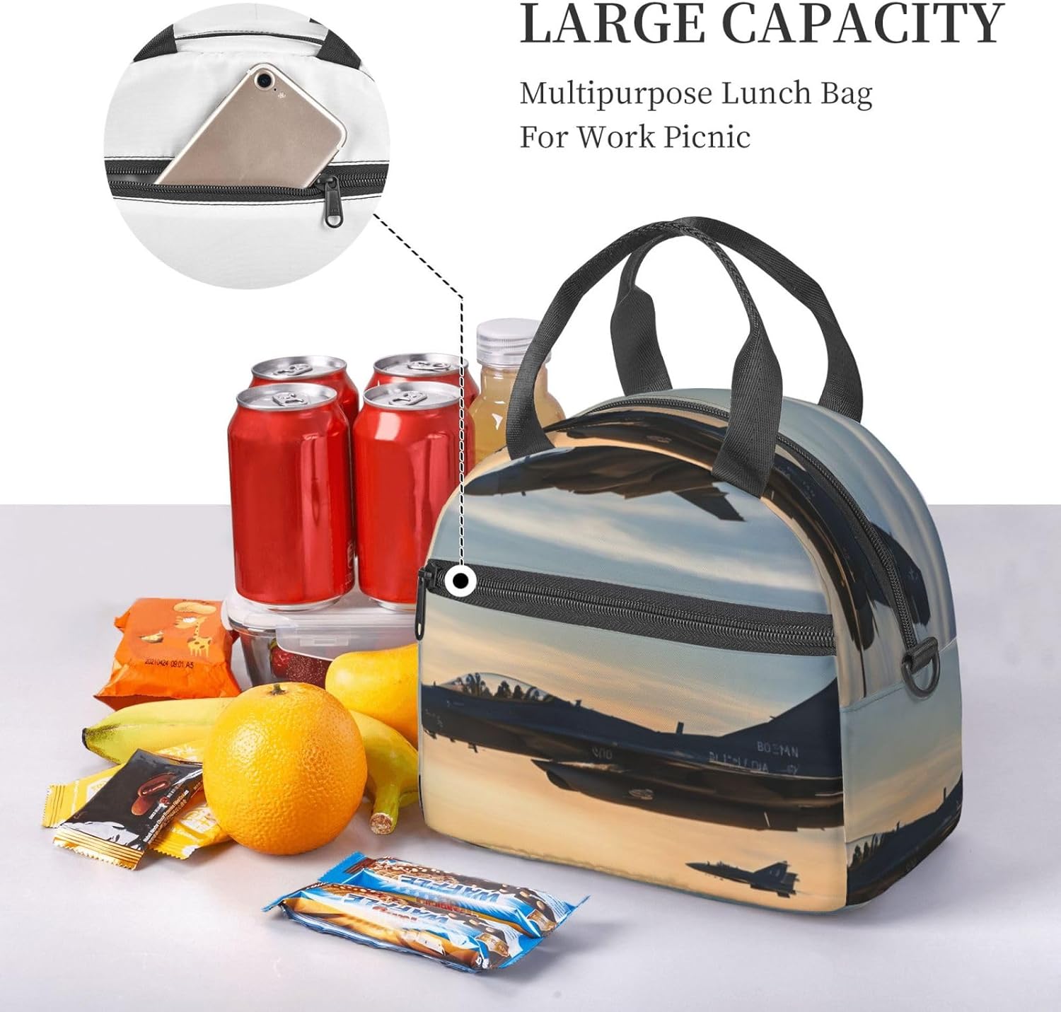 Aircraft Fighter Jets Print Reusable Lunch Bag Insulated Lunch Boxes for Office Work Picnic Tote Bag Adjustable