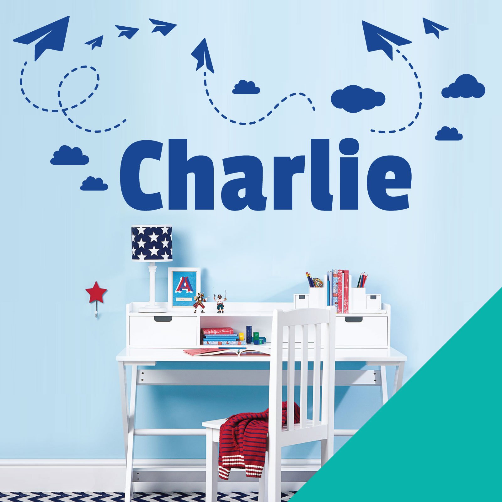Personalised Name Children Wall Art Sticker - Sky, Paper Planes and Clouds [Medium] [Turquoise]