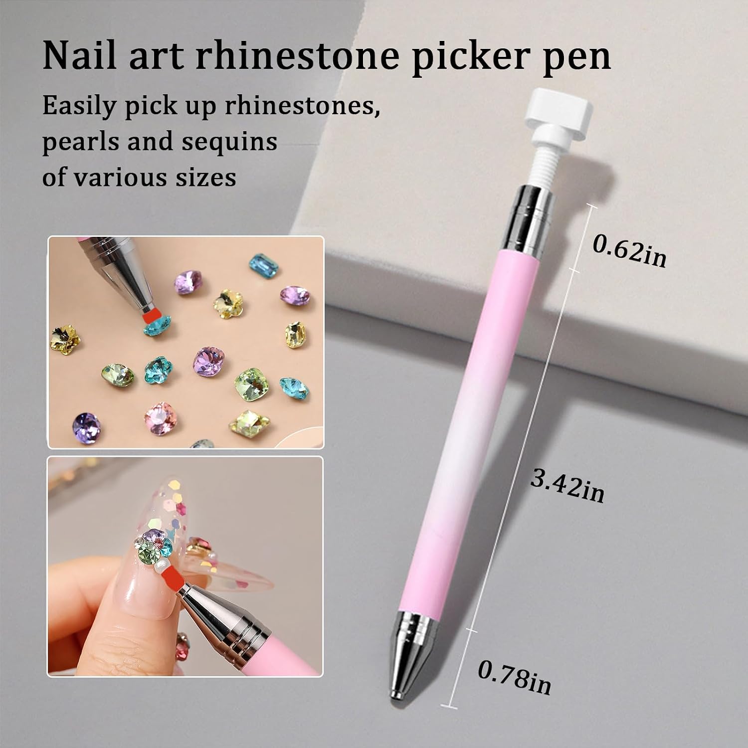 WOKOTO 1 PCS Nail Art Rhinestone Picker Pens With 1 Box Spare Silicone Clay Tool Pink&White Gradient Rotating Push Nail Diamond Art Painting Dotting Pen Refillable Wax Pen For Nails Gems Picker Tool image 2
