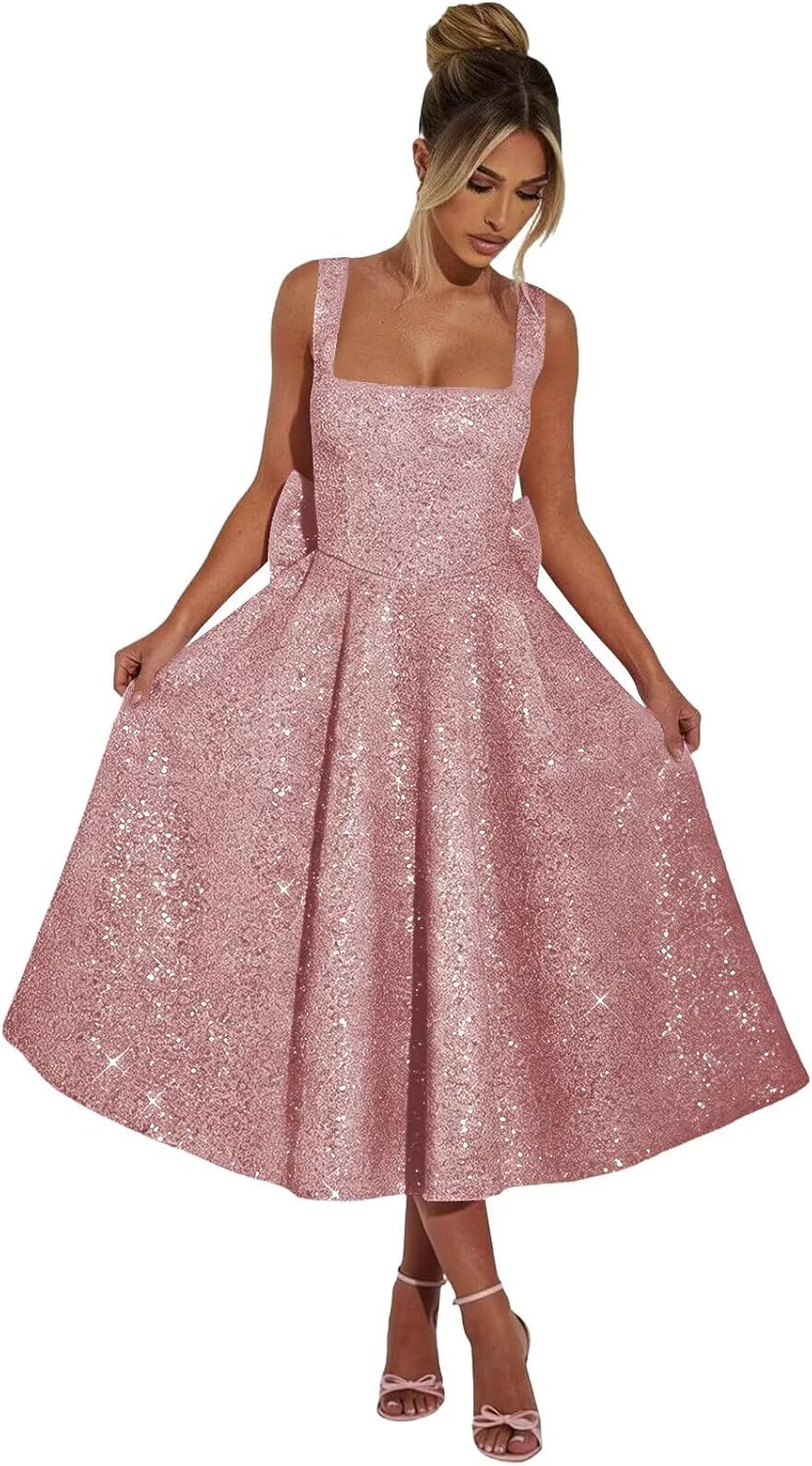 GRILSONTOP Sequin Tea Length Prom Dresses with Bow Square Neck Evening Dress for Women Short Formal Party Gown
