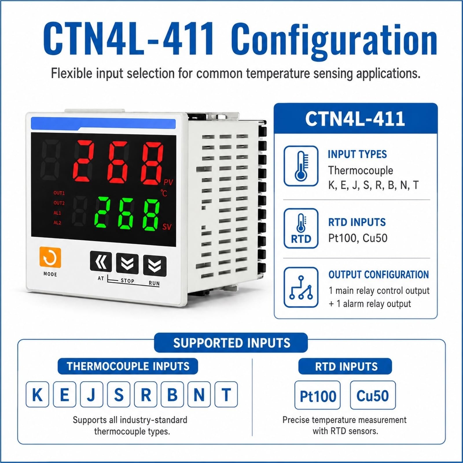 CTN4L-411 Controlador de Temperatura Digital PID Inteligente 96x96 mm Termostato con Pantalla Dual Entrada Universal K E J L T R S PT100 CU50 Salida de Relé SSR(CTN4L-43A1R)