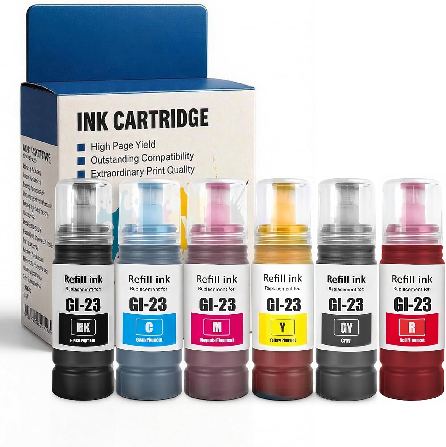 GI-23 GI23 Ink Refill Bottles Compatible for Canon Pixma G620 G520 Printer, Black Cyan Magenta Yellow Red Gray 6-Pack (Black,Cyan,Magenta,Yellow,Red,Gray)