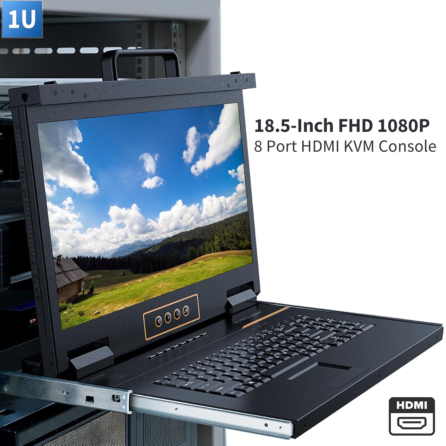 8 Port HDMI Rack Mount KVM Console 18.5-Inch 1080P with Cables, 1U Height LCD KVM Switch, Rackmount Monitor and Keyboard Mouse, OSD/Hotkey/Button Switching, 16:9 Aspect Ratio, Mount Depth 27" to 30.3"