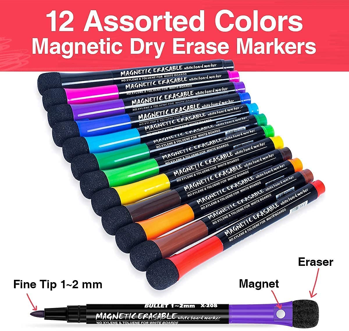 HASTHIP® White Board Marker, 12 Colors Magnetic Whiteboard Markers with Eraser Cap, Low Odor Magnetic Dry Erase Markers Fine Point Tip for Kids & Teachers, Home, Office and School Supplies - Image 2 thumbnail