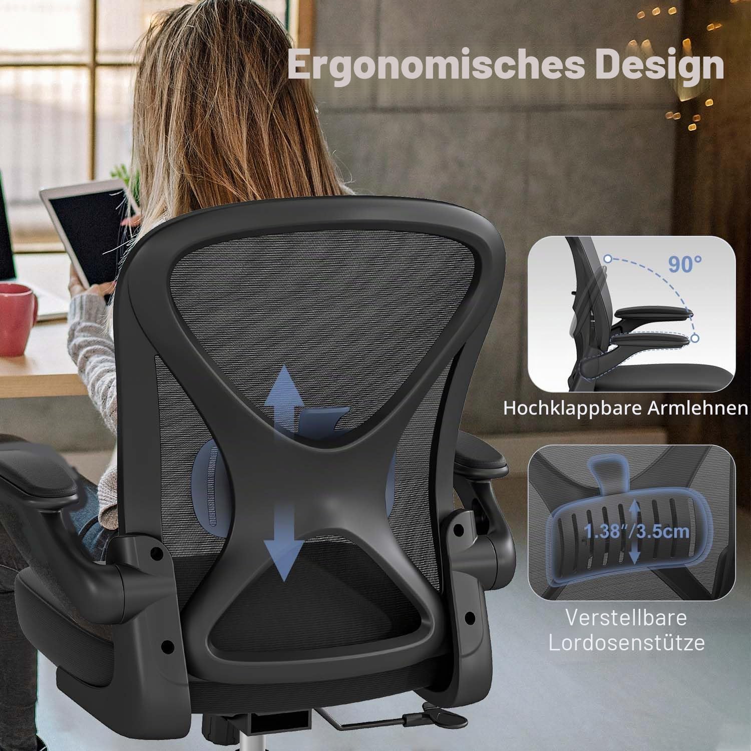 Ergonomischer Schreibtischstuhl, Mesh-Bürostuhl mit verstellbarer Lendenstütze & hochklappbaren Armlehnen, atmungsaktiver Computerstuhl fürs Homeoffice mit 360°-Drehung & Höhenverstellung, Schwarz