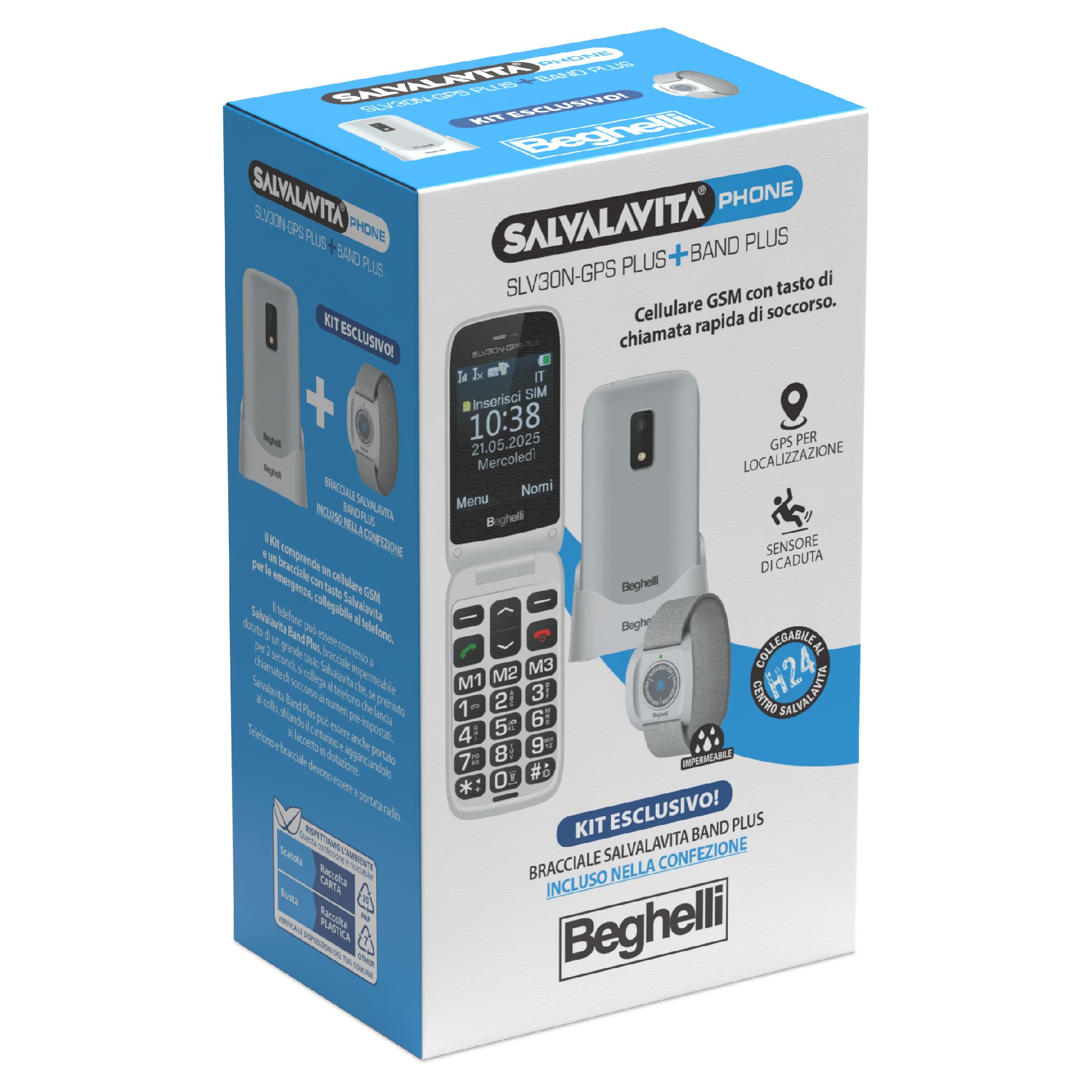 Beghelli - Telefono Salvavita e Braccialetto, Salvalavita Phone SLV30N GPS Plus + Salvalavita Braccialetto SLV Band Plus, SOS con GPS, Tasto Emergenza, Chiamata Rapida, Display 2.8” (Colore Grigio)