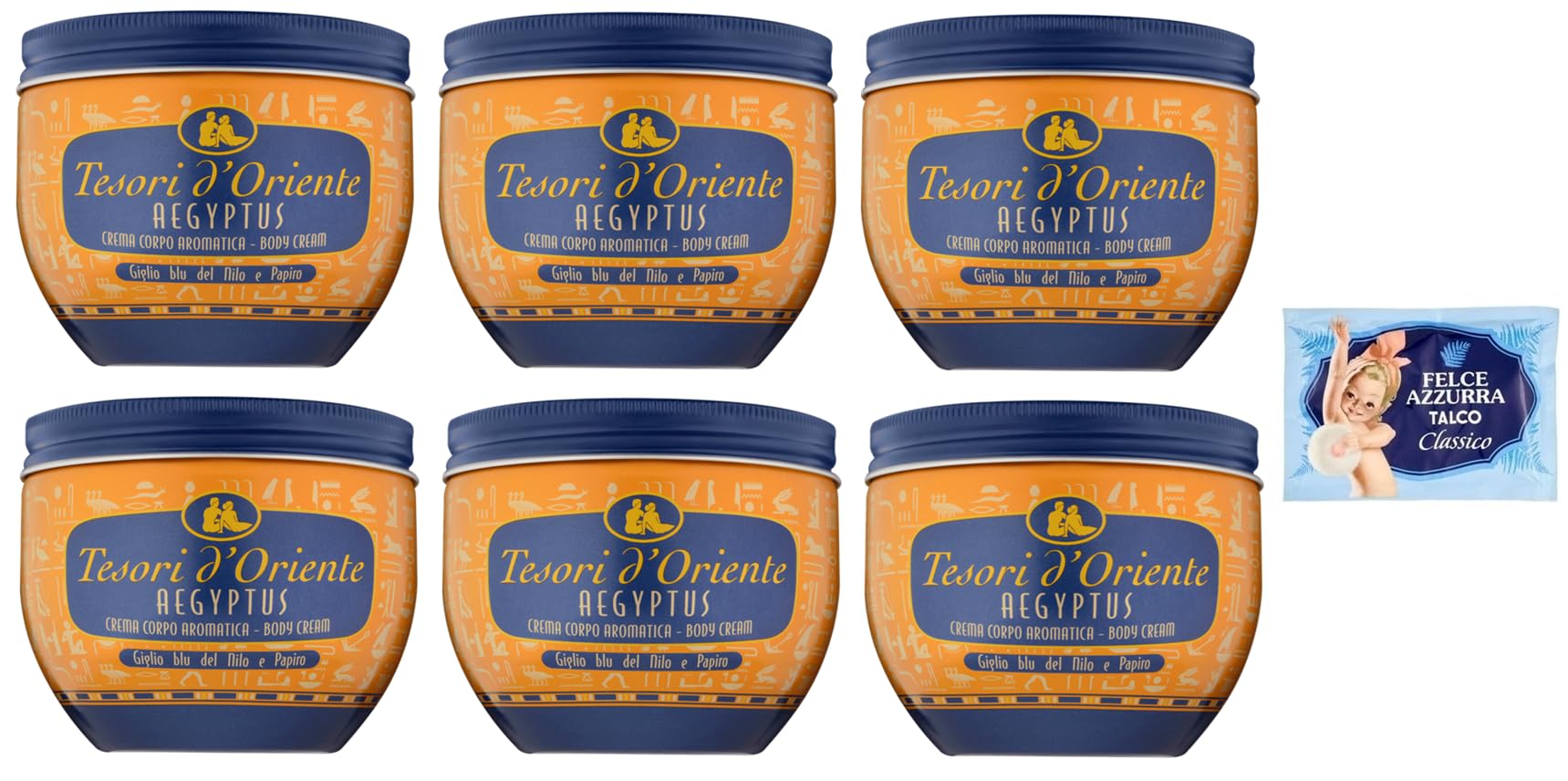 6er-Pack Tesori d’Oriente Crema Corpo Aegyptus,Körpercreme Blaue Lilie des Nils und Papyrusmilch,300ml + 1er-Pack Kostenlos Felce Azzurra Talkumpuder, 100g-Beutel
