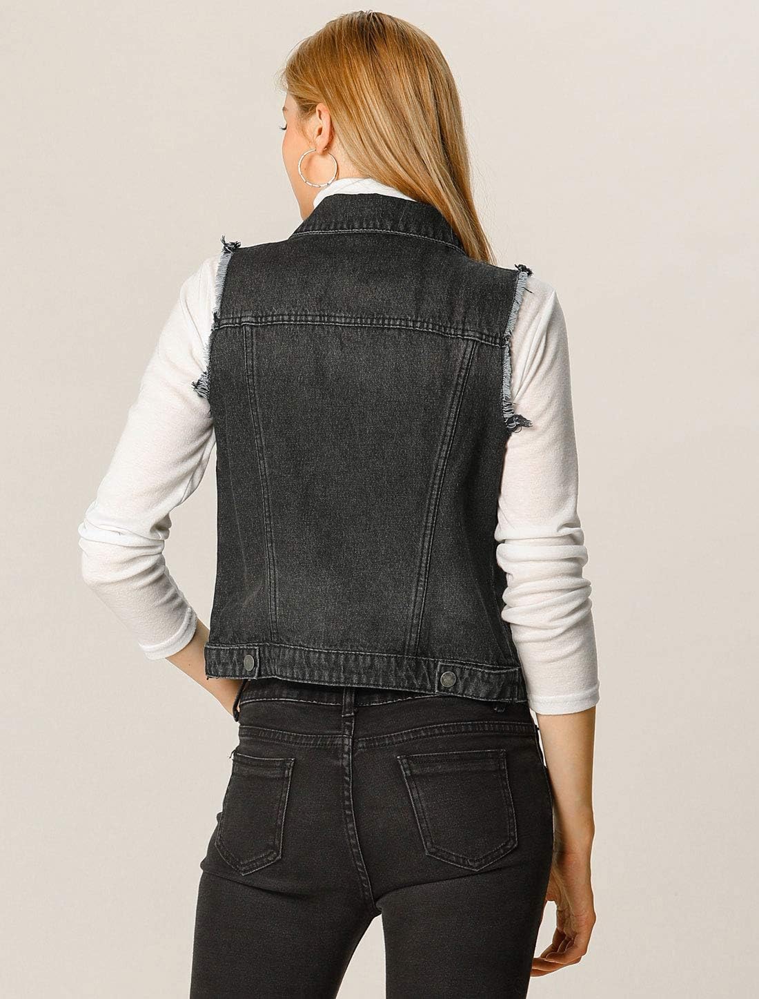 Allegra K Women Denim Vests Sleeveless Jacket Button Closure Western Washed Distressed Jean Vest - Image 7