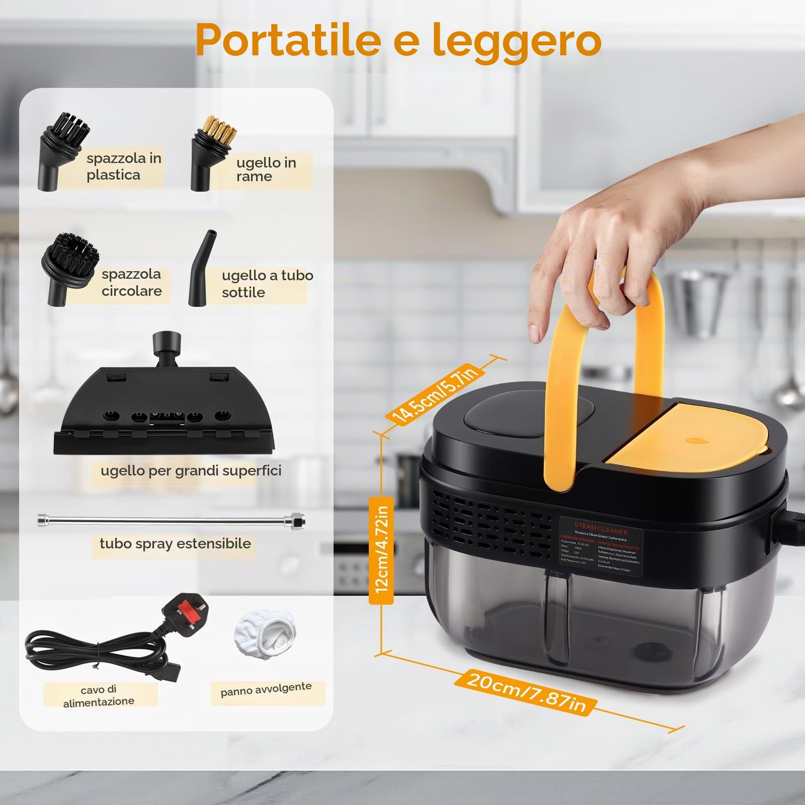 2500 W pulitore a vapore con schermo digitale, pulitore a vapore a mano con 7 teste di spazzola regolabili su 3 livelli, 1100 ml serbatoio d'acqua di grande capacità per pulizia, divani, piastrelle