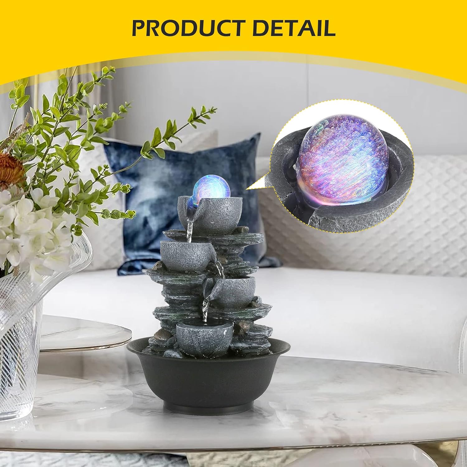 Indoor Fountain, Tabletop Water Fountain, Water Fountain with LED Crystal Ball, Indoor Water Feature for Home Office Decor Relaxation,9.65"*7.28"*11.02''
