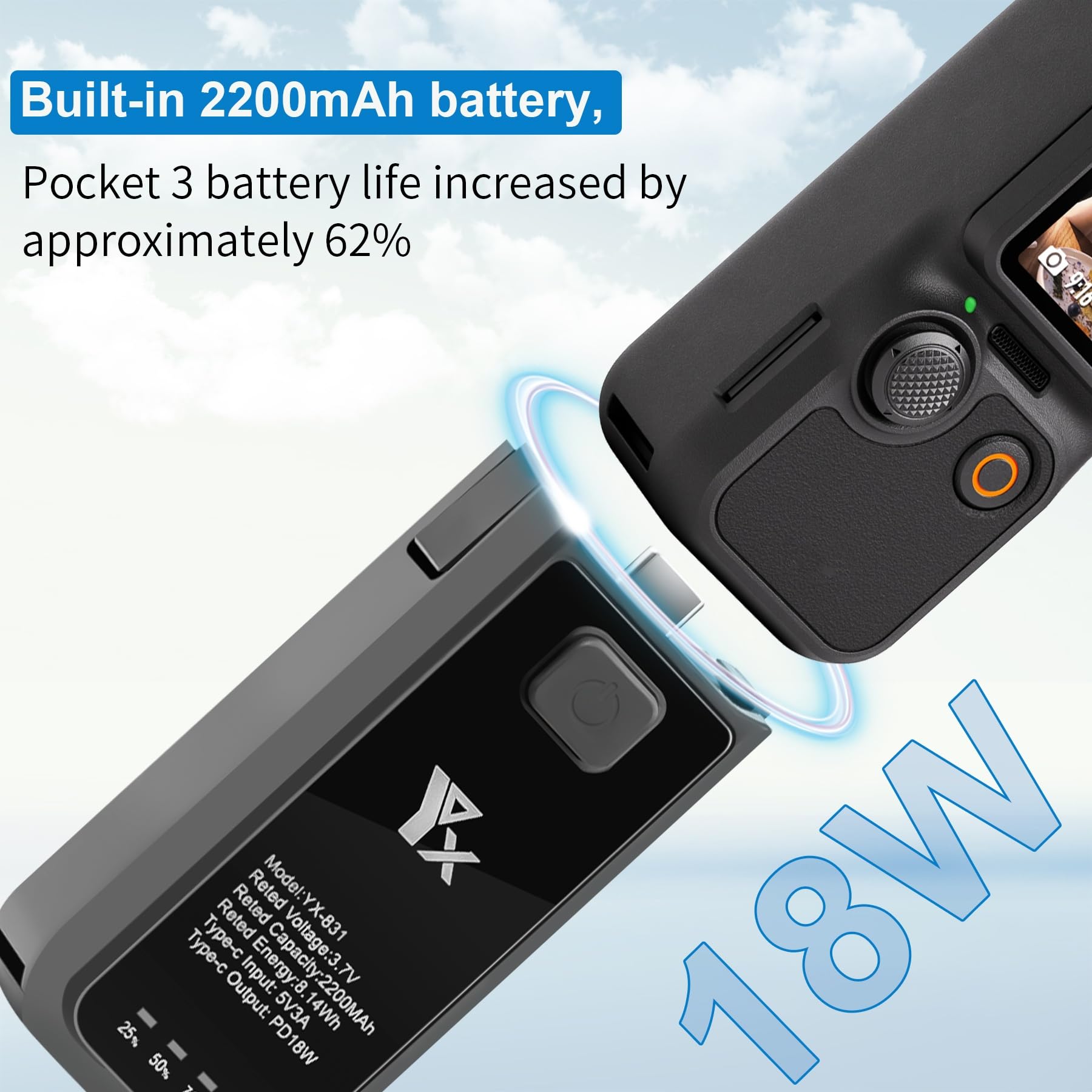 Rozszerzony uchwyt i ładowarka do DJI Osmo Pocket 3-2200 mAh uchwyt baterii z szybkim ładowaniem PD18W, zwiększa 62% czasu użytkowania