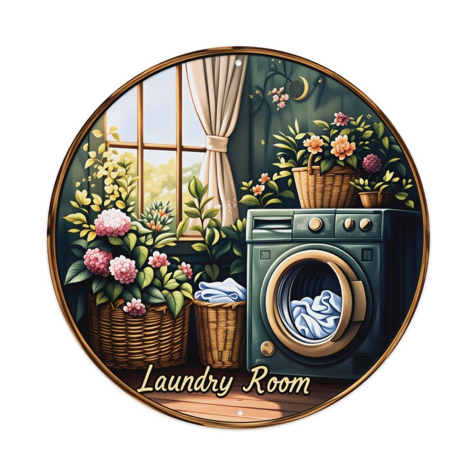 Laundry Room Window Flowers Basket Washer Round Vintage Tin Sign,Retro Wall Art,Metal Poster for Home, Bar, Garage, Cafe, Rustic Indoor & Outdoor Decor, 8x8 Inches