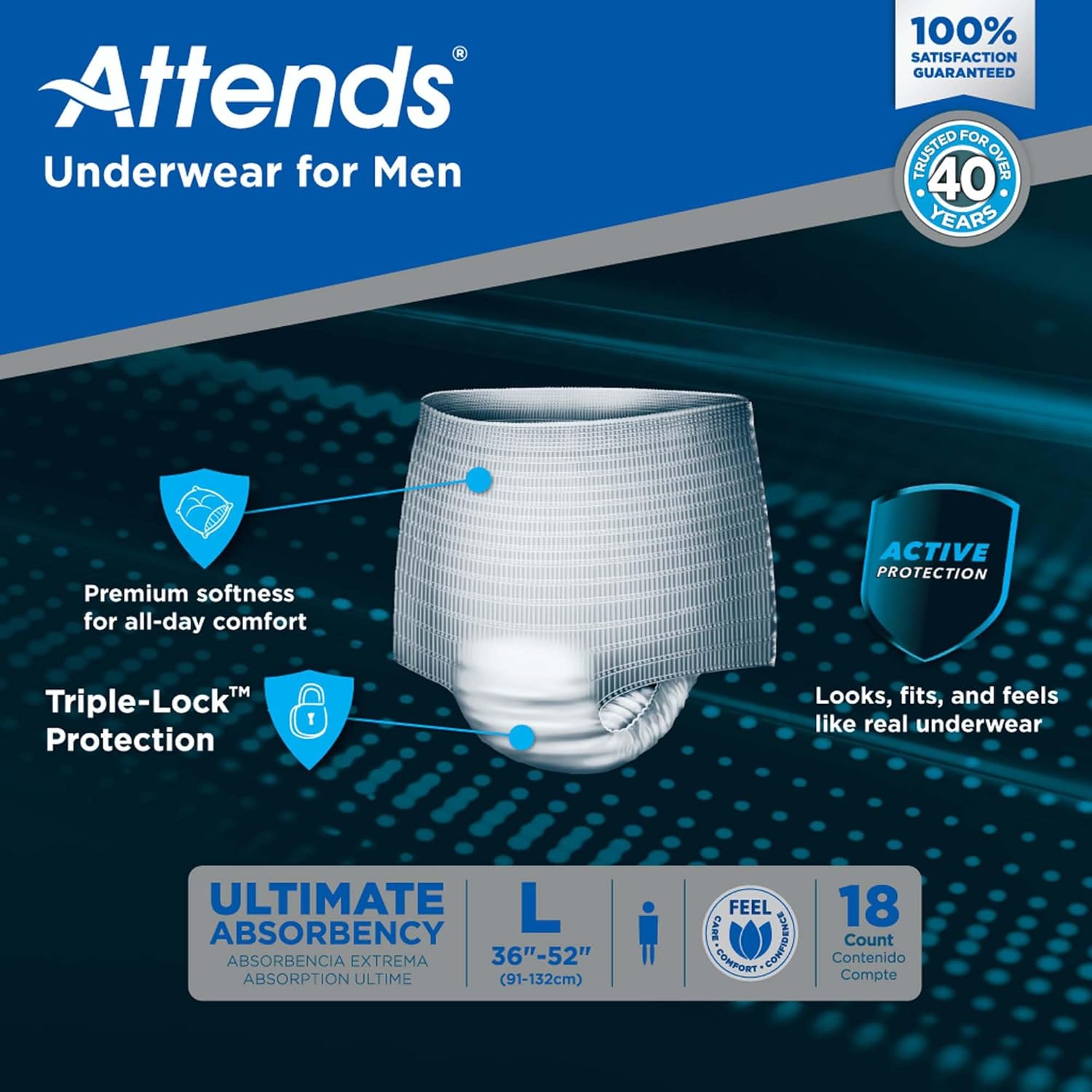 Attends Discreet Incontinence Care Men's Protective Underwear, Large/X-Large, 72 Count, White
