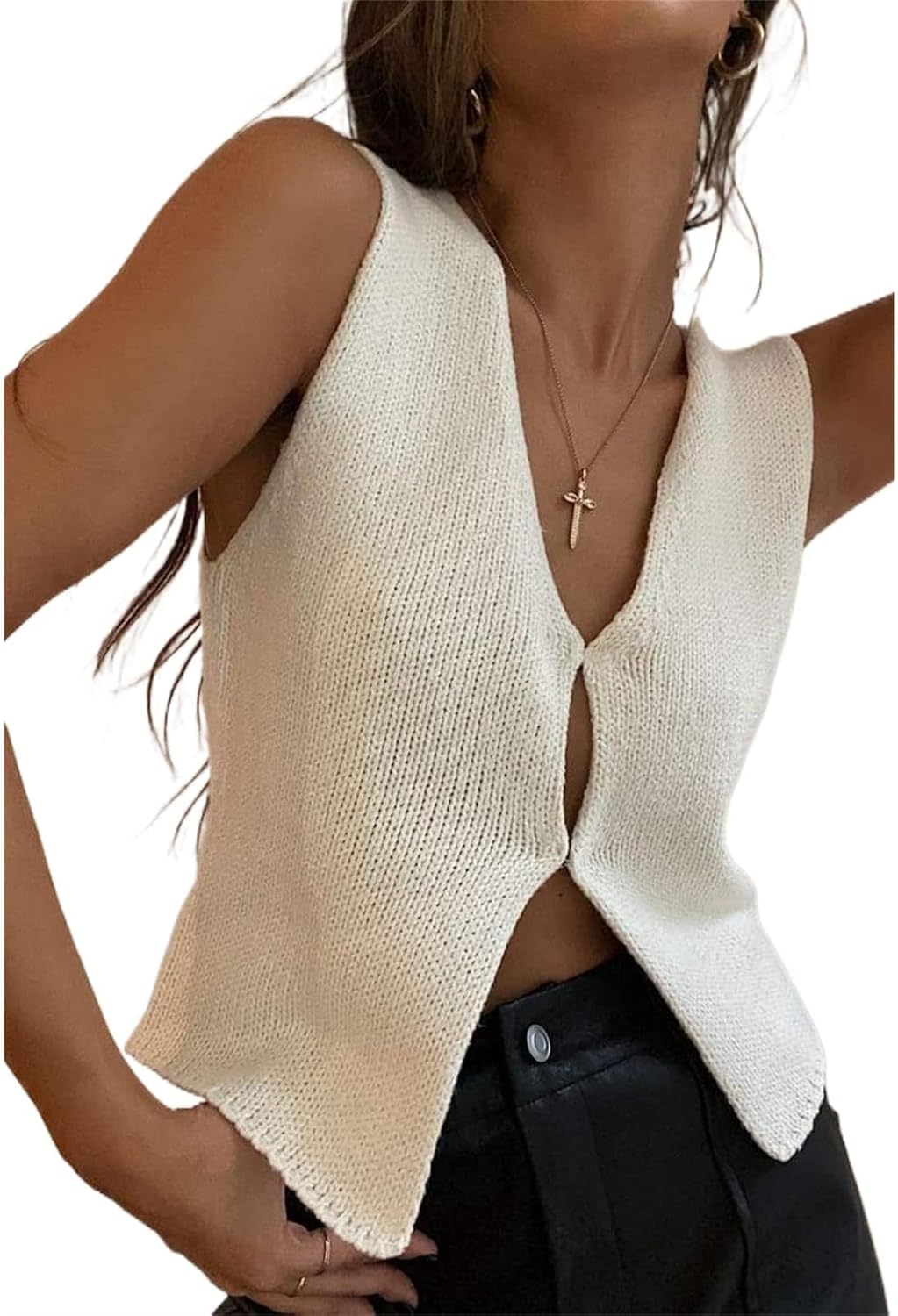 Women Crochet Vest Top Y2k Knit V Neck Sleeveless Button Down Vintage Casual Streetwear