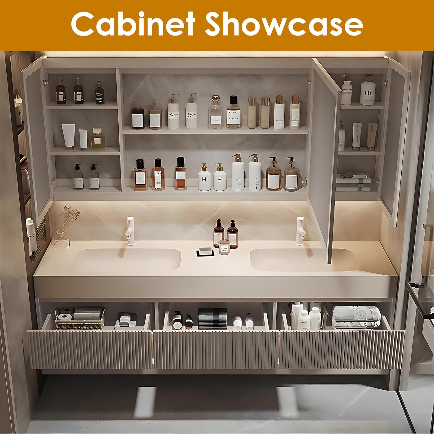 84" Bathroom Vanity Double Sink, Modern Floating Bathroom Vanities Set with Smart Defog Mirror Cabinet and LED Light, All Solid Wood Elegant Bathroom Cabinet with Large Drawer,Milky White