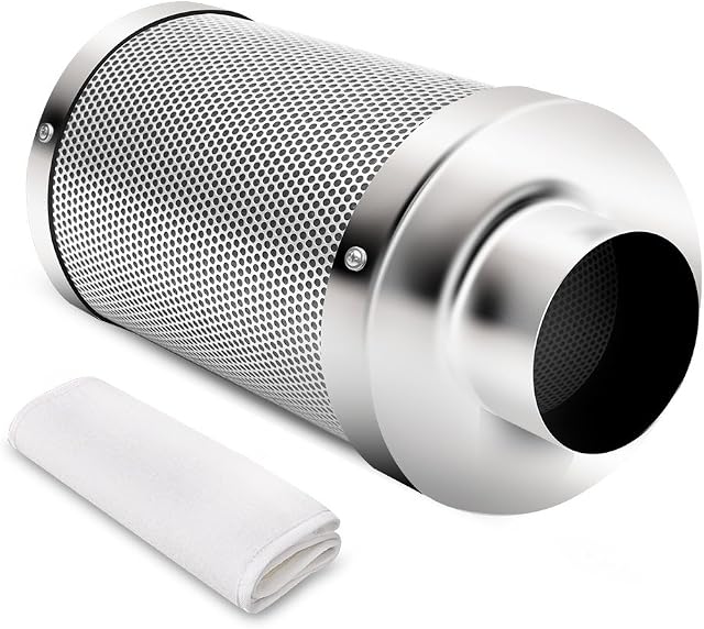 iPower 4 Inch Air Carbon Filter Indoor Plants Grow Tent Odor Control Scrubber with Australia Activated C for Inline Fan, Reversible Flange, Prefilter Included, 4", Silver