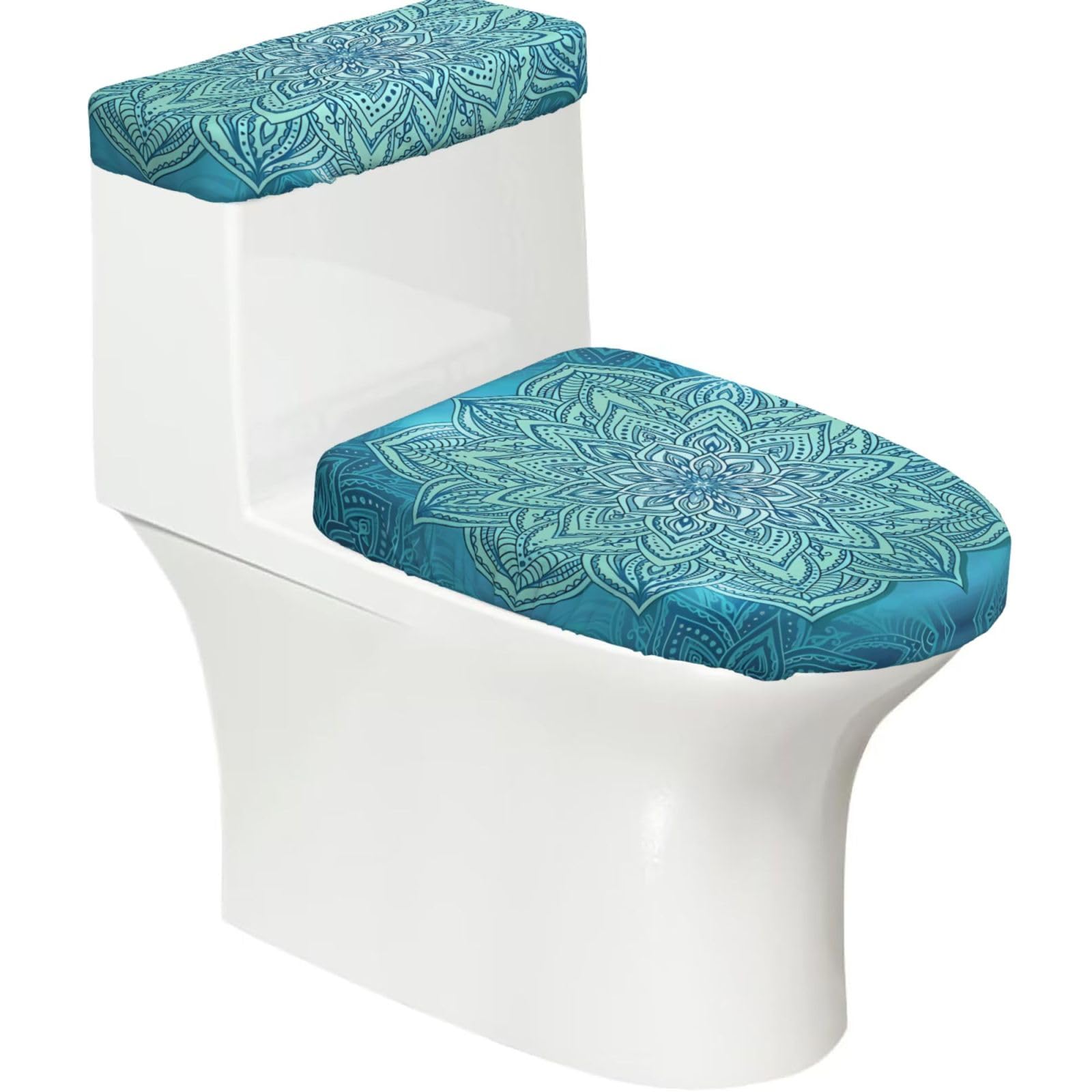 Mrowyc Black Blue Bohemian Pattern Printed Toilet Seat Set - Set Of 2 - Universal Toilet Seat Cover - Housewarming Birthday Christmas Gift