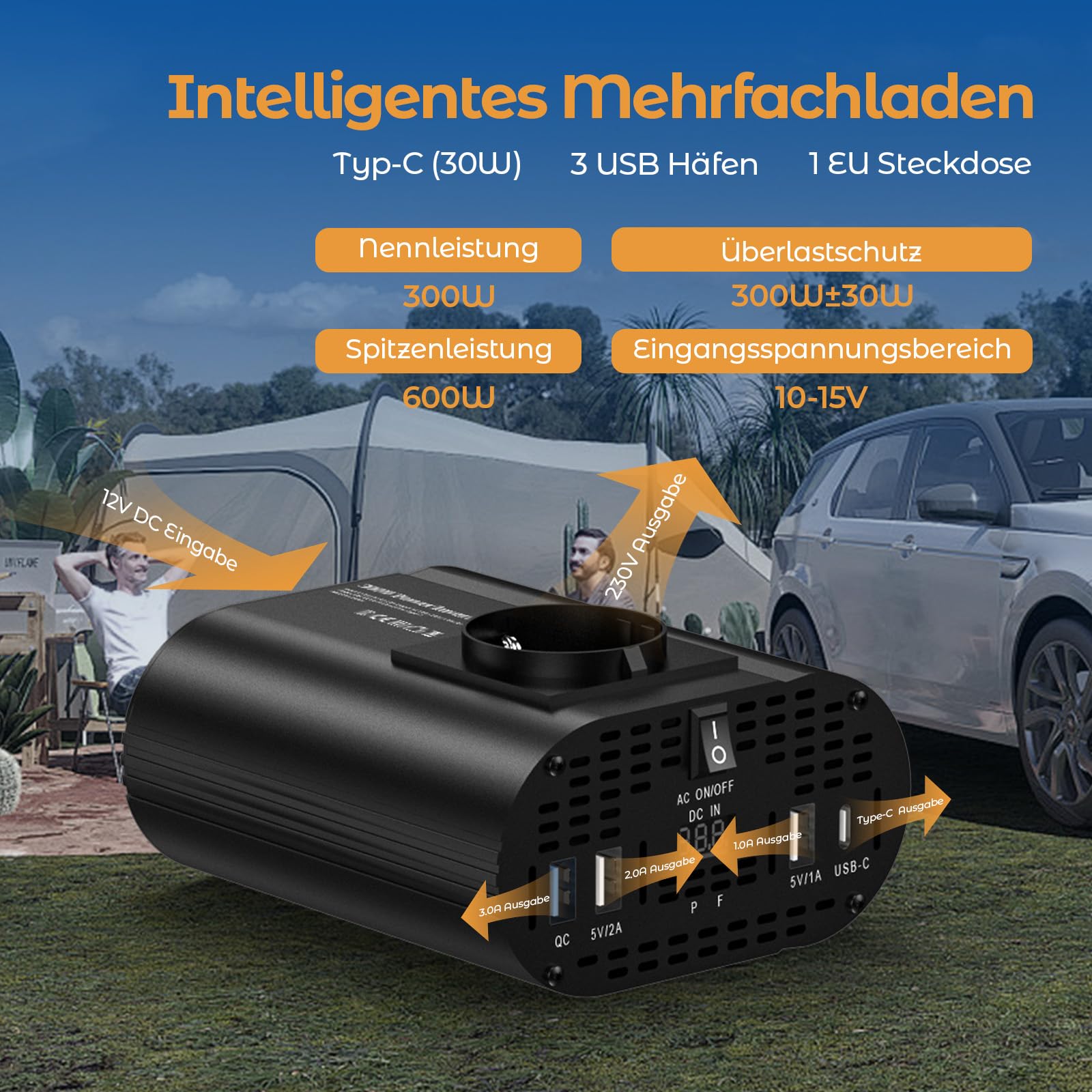 300W Wechselrichter 12V auf 230V, spannungswandler 12v 230v mit 1 Steckdosen、Type-C 30W、USB-Schnellladung 25W、3 USB-Anschlüsse, LED-Anzeige, Laden von Handys, Laptops und Anderen Geräten