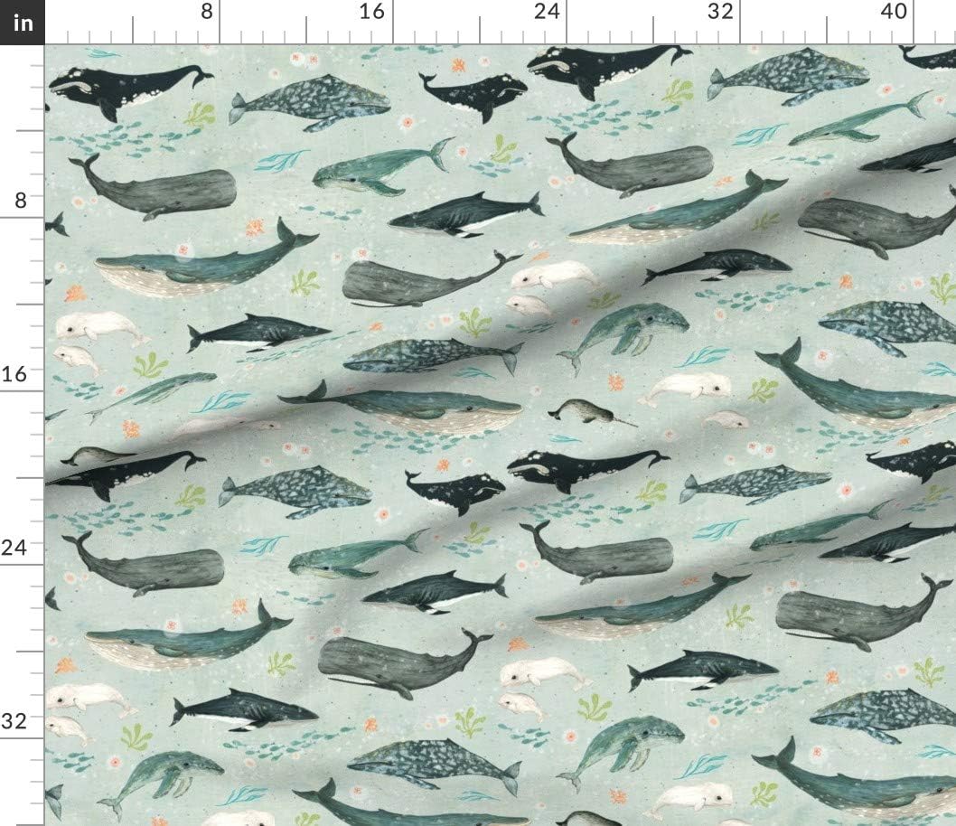 Spoonflower Fabric - Whales Green Blue Orange Fish Sea Ocean Jellyfish Pod Whale Humpback Printed on Petal Signature Cotton Fabric by The Yard - Sewing Quilting Apparel Crafts Decor