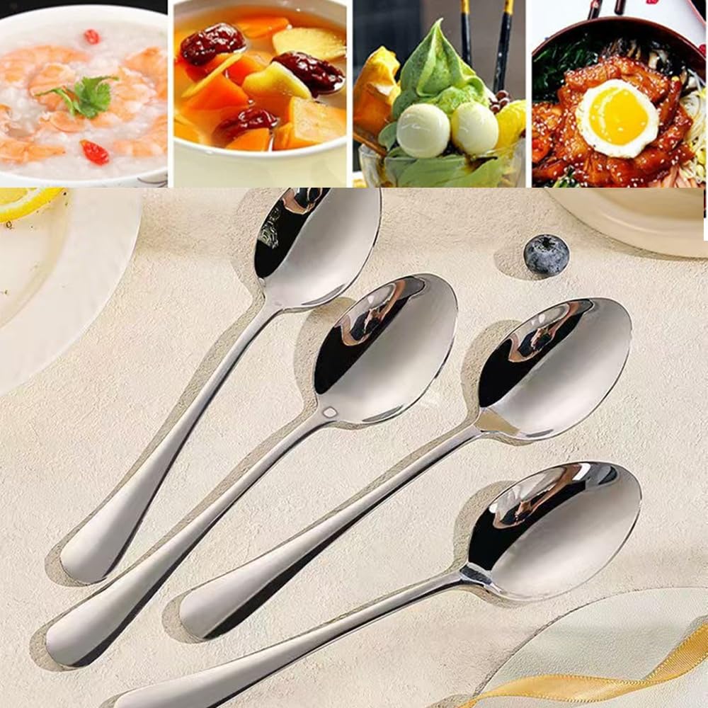 Ouliget Esslöffel-Set aus Edelstahl, langer Griff, Suppenlöffel-Set, asiatische chinesische Suppenlöffel, Edelstahl, dicke, schwere Löffel, Besteck, 4 Stück, Silber
