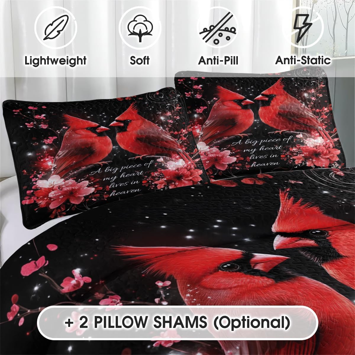 Vintage Cardinal Quilt Set - Red Bird Patchwork Winter Bedspread, 2-Piece Set (Twin/Full/Queen/King)