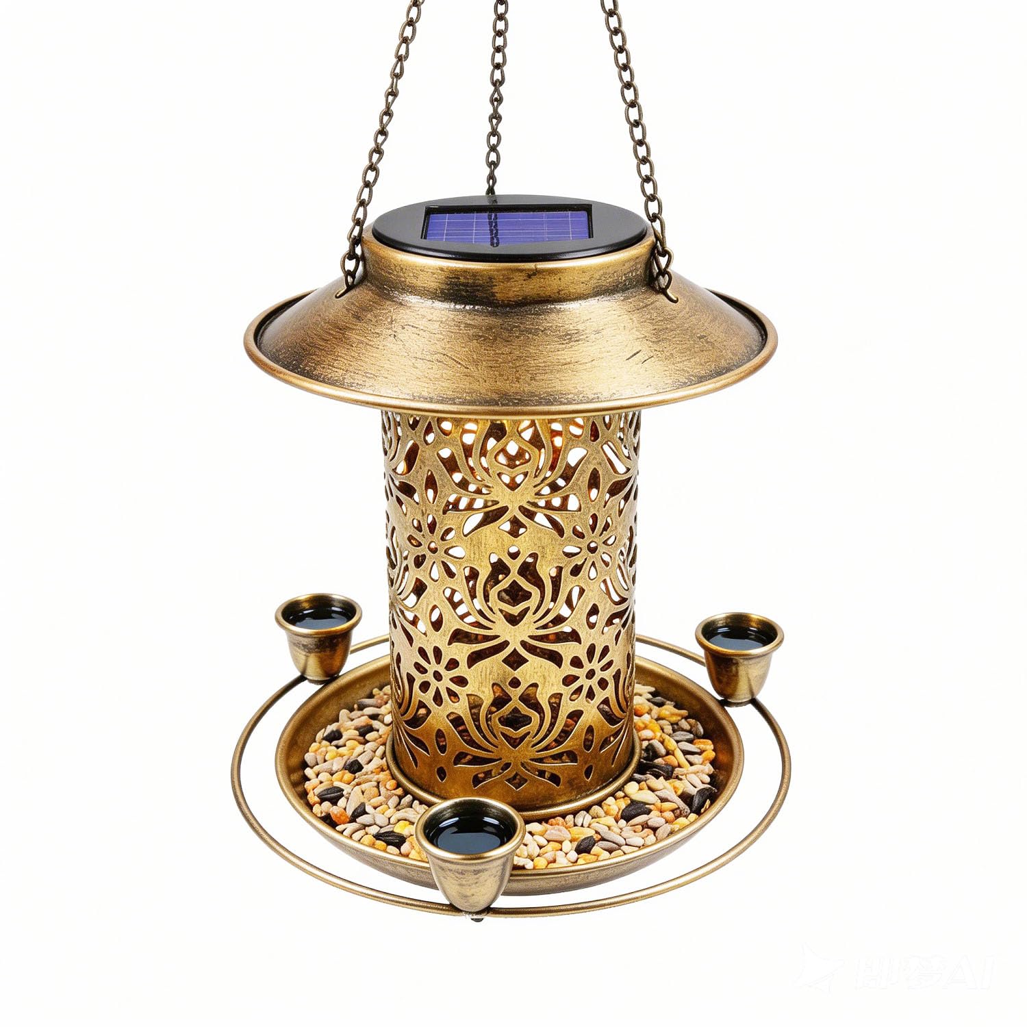 Upgraded Solar Bird Feeder with 3 Drinking Cups, Solar-Powered Garden Lantern & Wild Bird Waterer, Outdoor Hanging Metal Gazebo to Attract Cardinals and Robins (Copper-Pro)