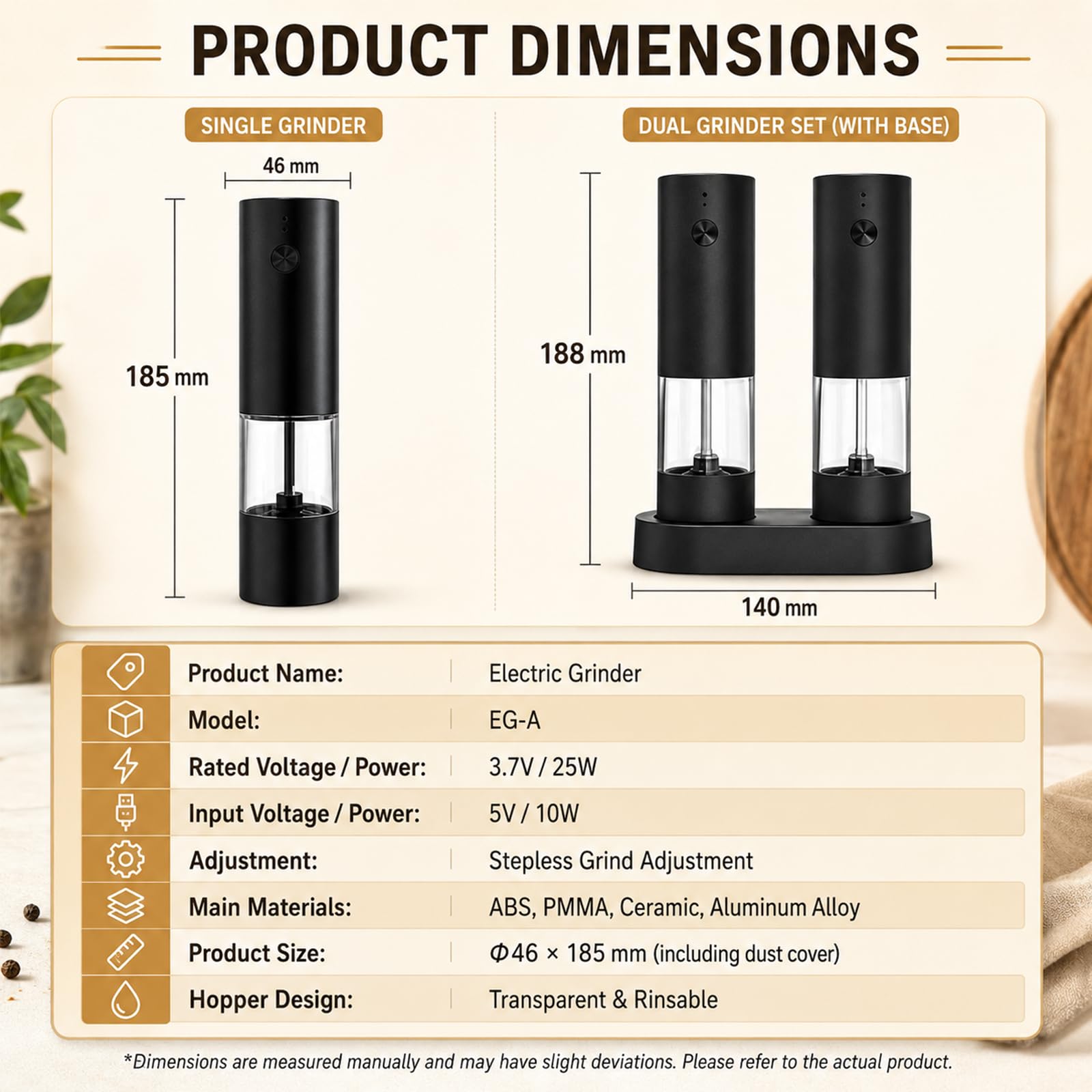 Set of 2 Electric Salt and Pepper Mills, Automatic Pepper Mill with Storage Base, 4 Speed ​​Settings, for Grinding Spices