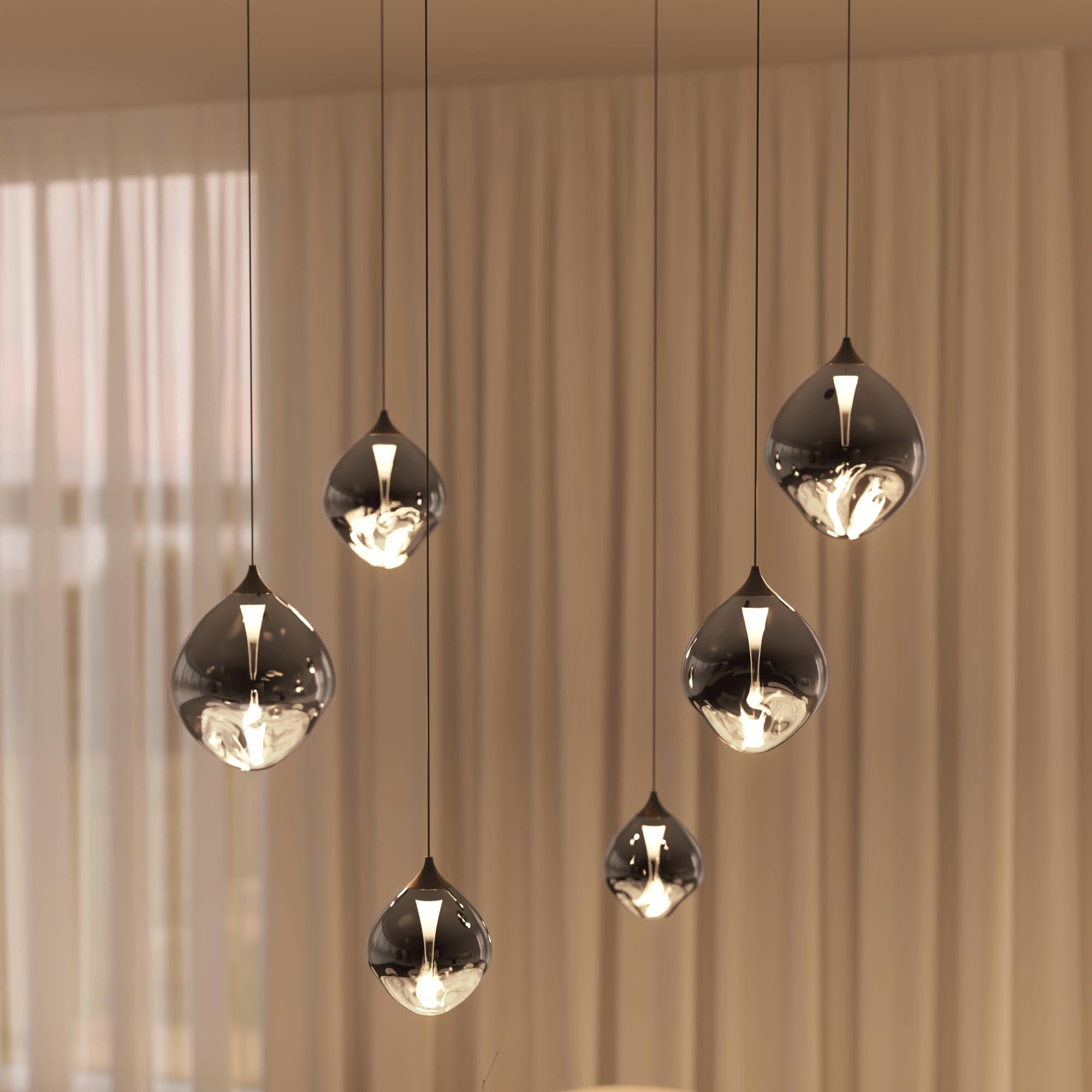 NEONA SOMOS LED Pendelleuchte 6-flammig mundgeblasenes Glas – Hängeleuchte Esstisch dimmbar, warmweiß 2700K, 23W, 2100lm, höhenverstellbar (Schwarz)