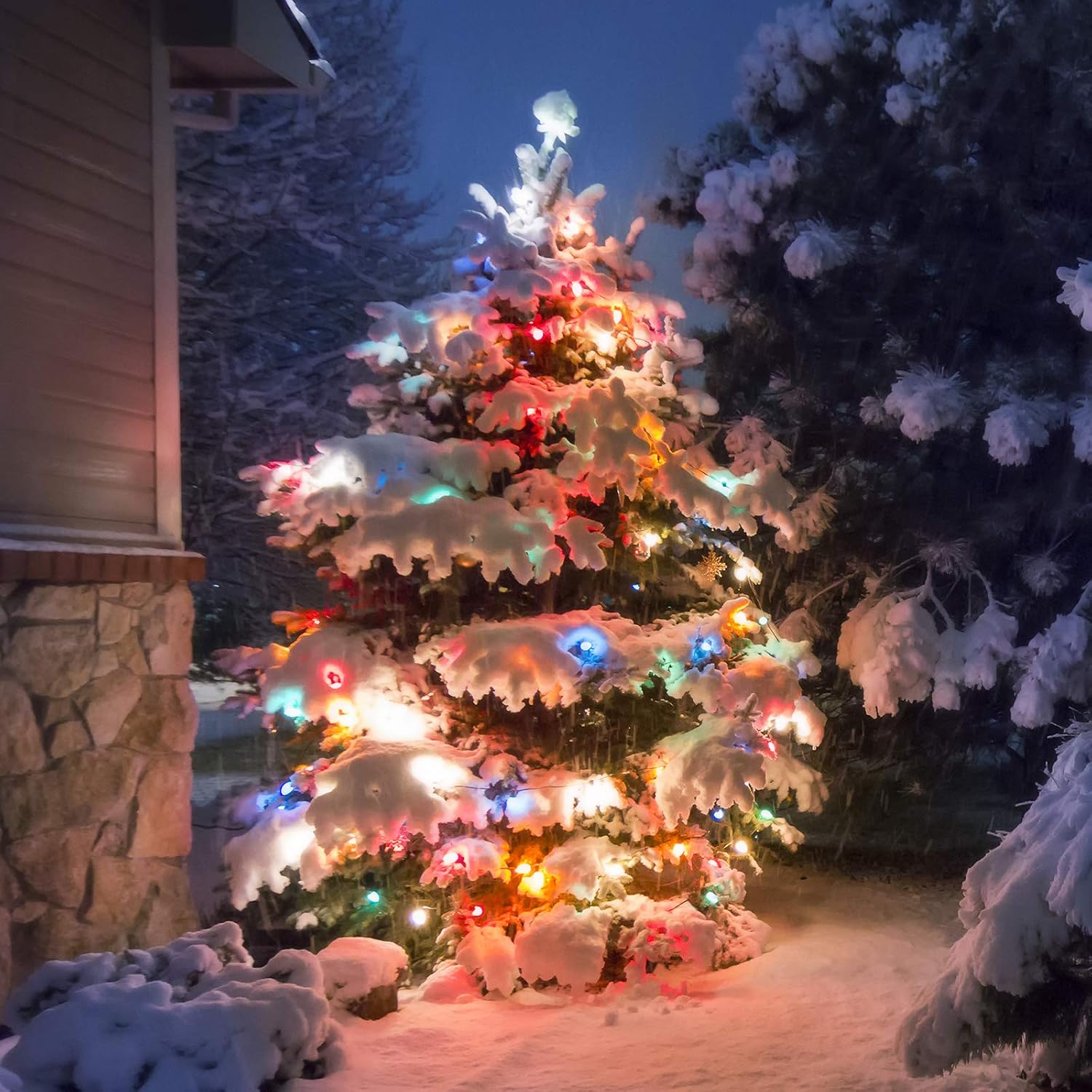 DEWENWILS Christmas String Lights Outdoor, C7 LED Bulbs，33.3ft 50 LED Multi Color String Lights, Outdoor Decorations for Christmas Tree, Patio, Garden, Yard, Green Wire, UL Listed