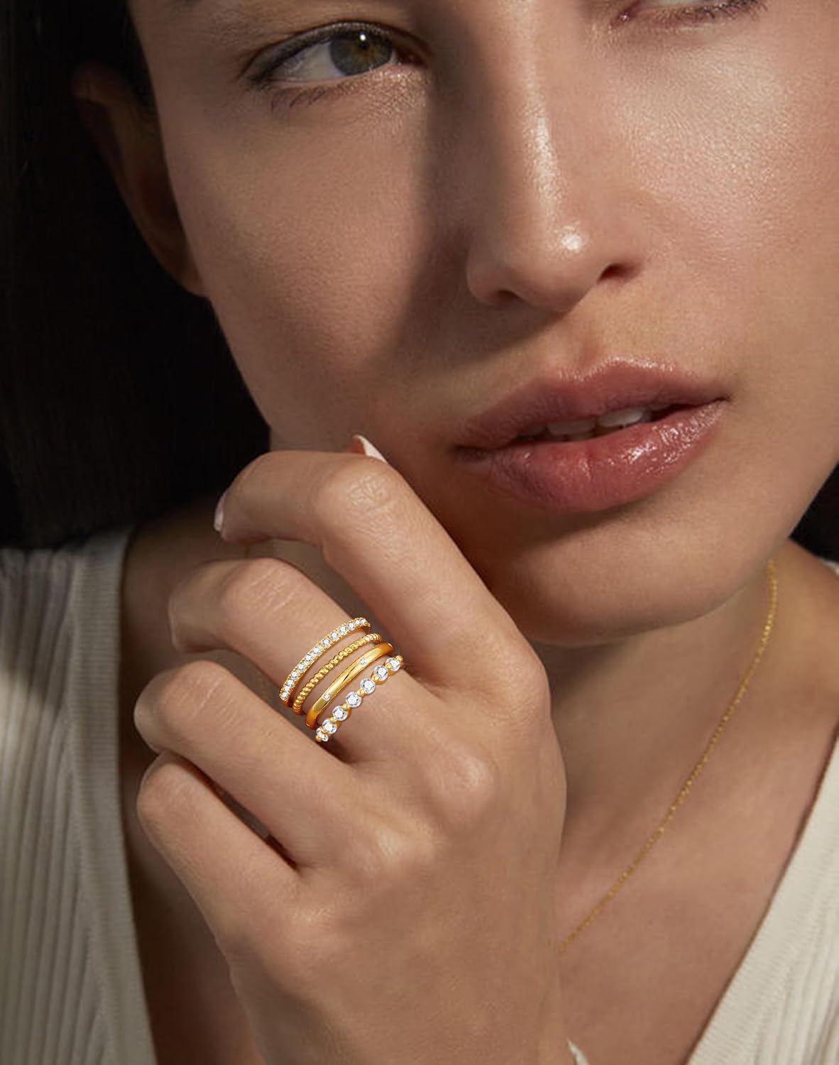 14k Gold Plated Stackable Rings for Women Non Tarnish Trendy Dainty Stacking Cubic Zirconia Thumb Ring Stack Engagement Eternity Bands Diamond Wedding Rings Set Jewelry Size 5-10 - Image 3