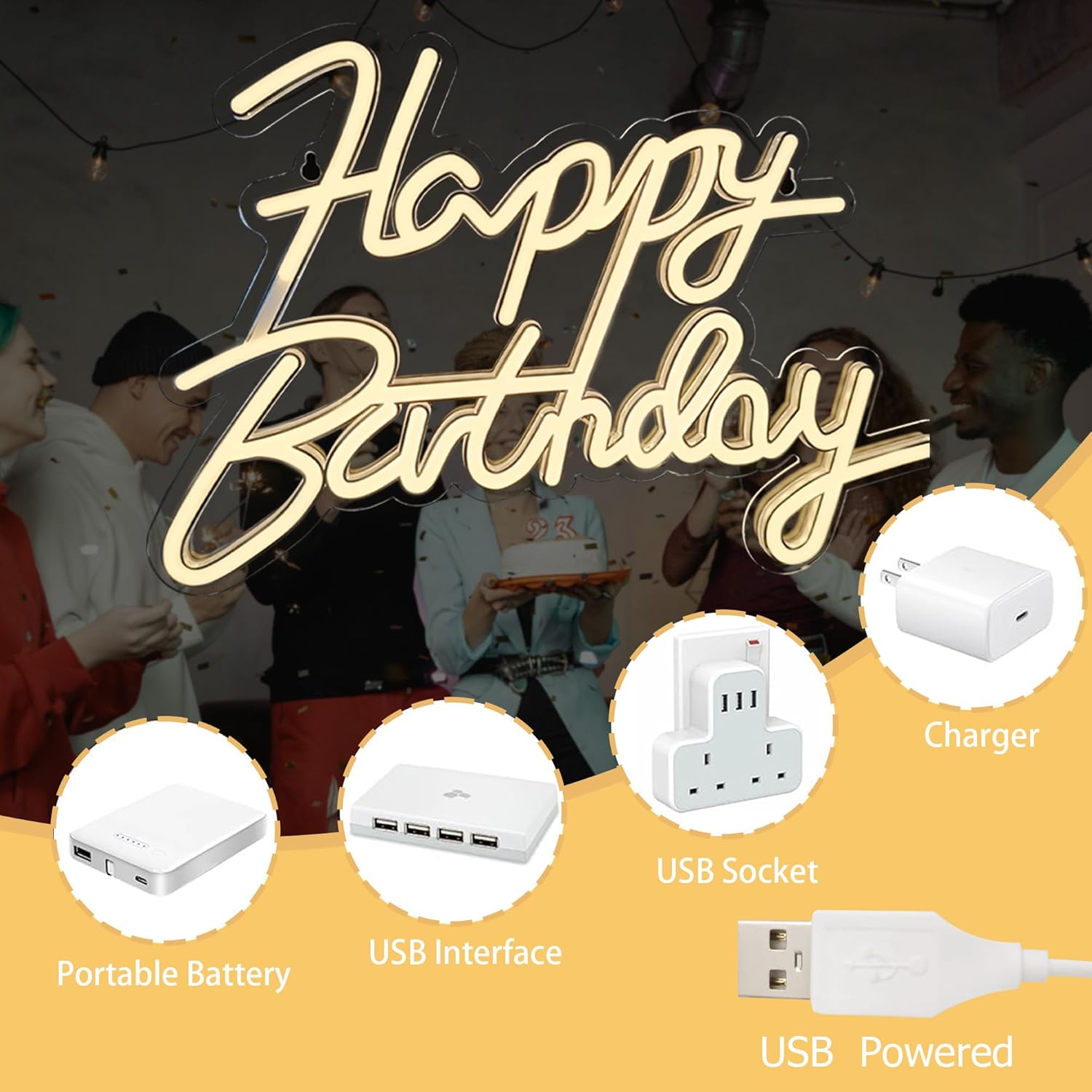 Happy Birthday Neon Signs,Adjustable LED Neon Light Sign Backdrop powered by USB,Light Up Colorful Bday Neon Lights for Backdrop All Birthday Party,Wall Decor,Gifts,Celebration Decoration(Warm White)