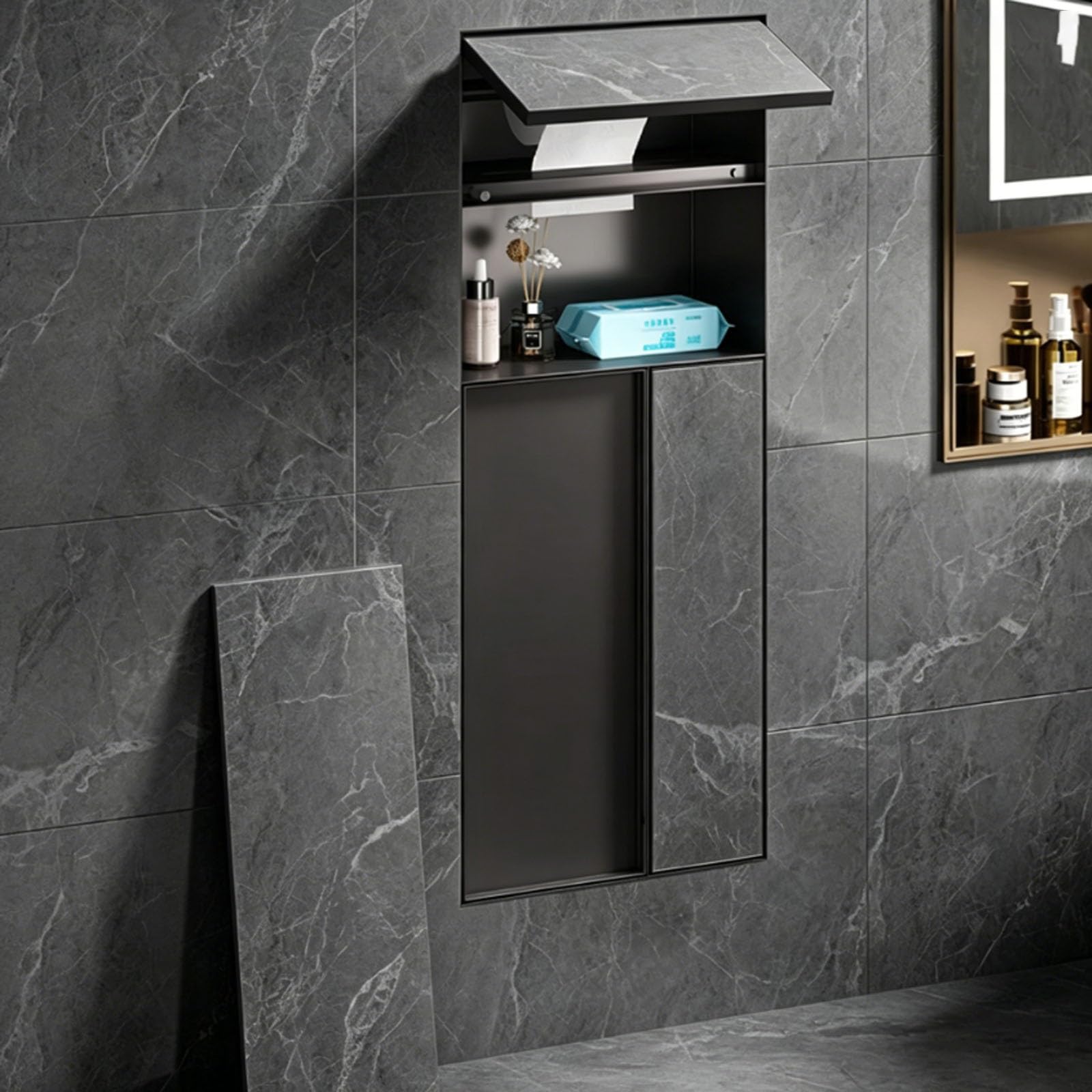 Bathroom Niche Toilet Paper Holder, Industrial Tissue Holder and Storage In Wall, Recessed Toilet Paper Dispenser With Trash Can for Organize