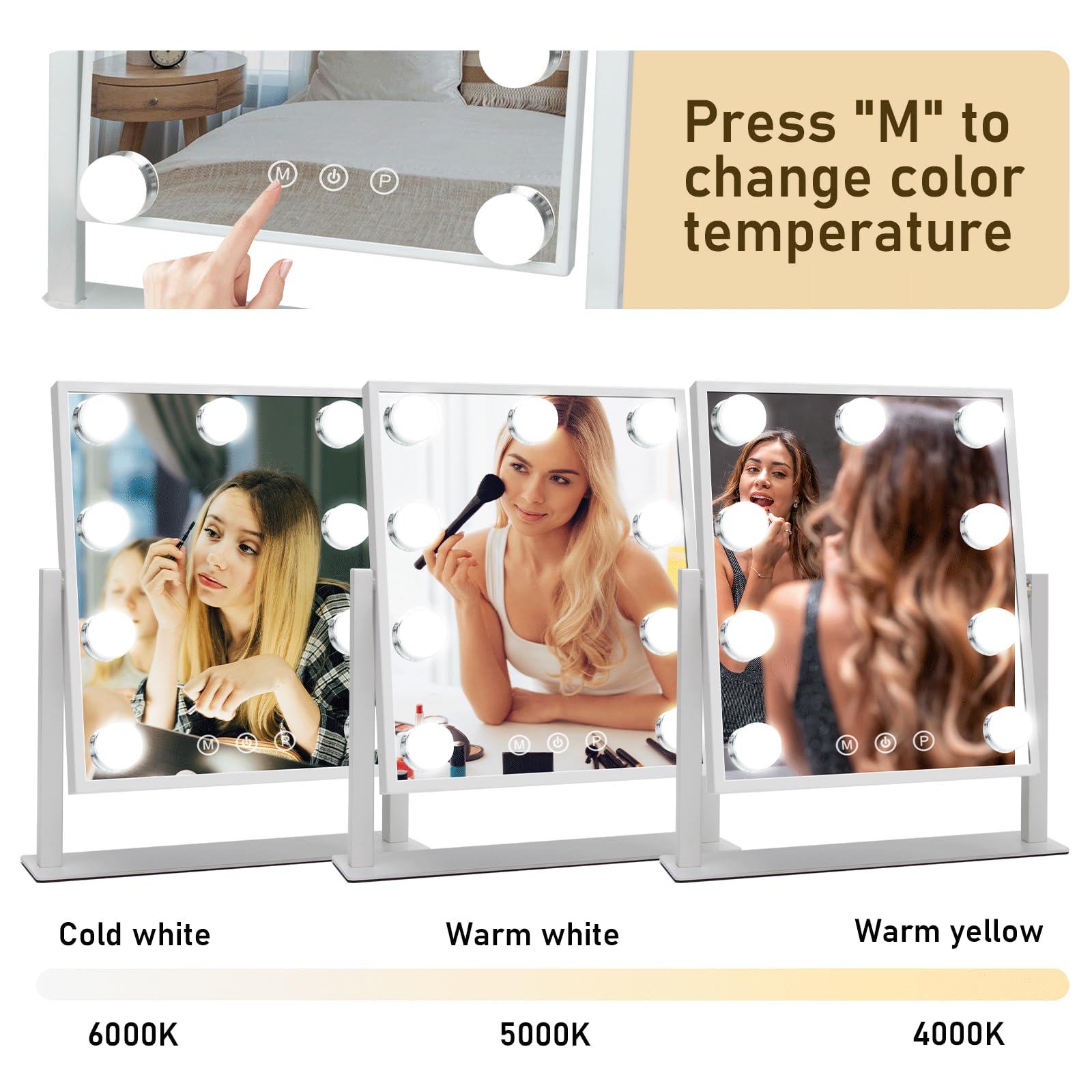 Miroir Coiffeuse, Miroir Maquillage Hollywood Lumineux 9Lumières Dimmables, 3 Modes, Miroir LED avec détail 10x et Rotation à 360 degrés (Blanc)