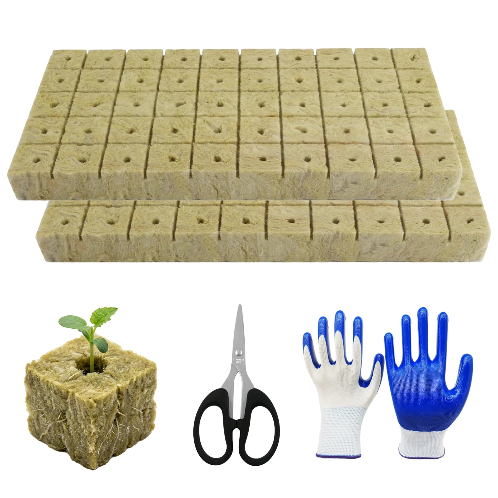 100 sztuk wełny mineralnej, 25 x 25 x 25 mm, Rockwool Cube z nożyczkami, rękawice, Easy Plug kostki do uprawy wełny kamiennej, zestaw do uprawy sadzonek, sadzonek, bezdennych