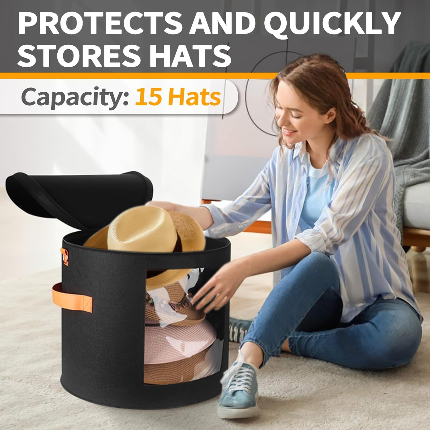 Oversized Hat Storage Box for Women & Men?19" D x 17" H Cowboy Hat Boxes with 1 Wood Hook Felt travel Round Hat Organizer Box with Dustproof Lid (Black)