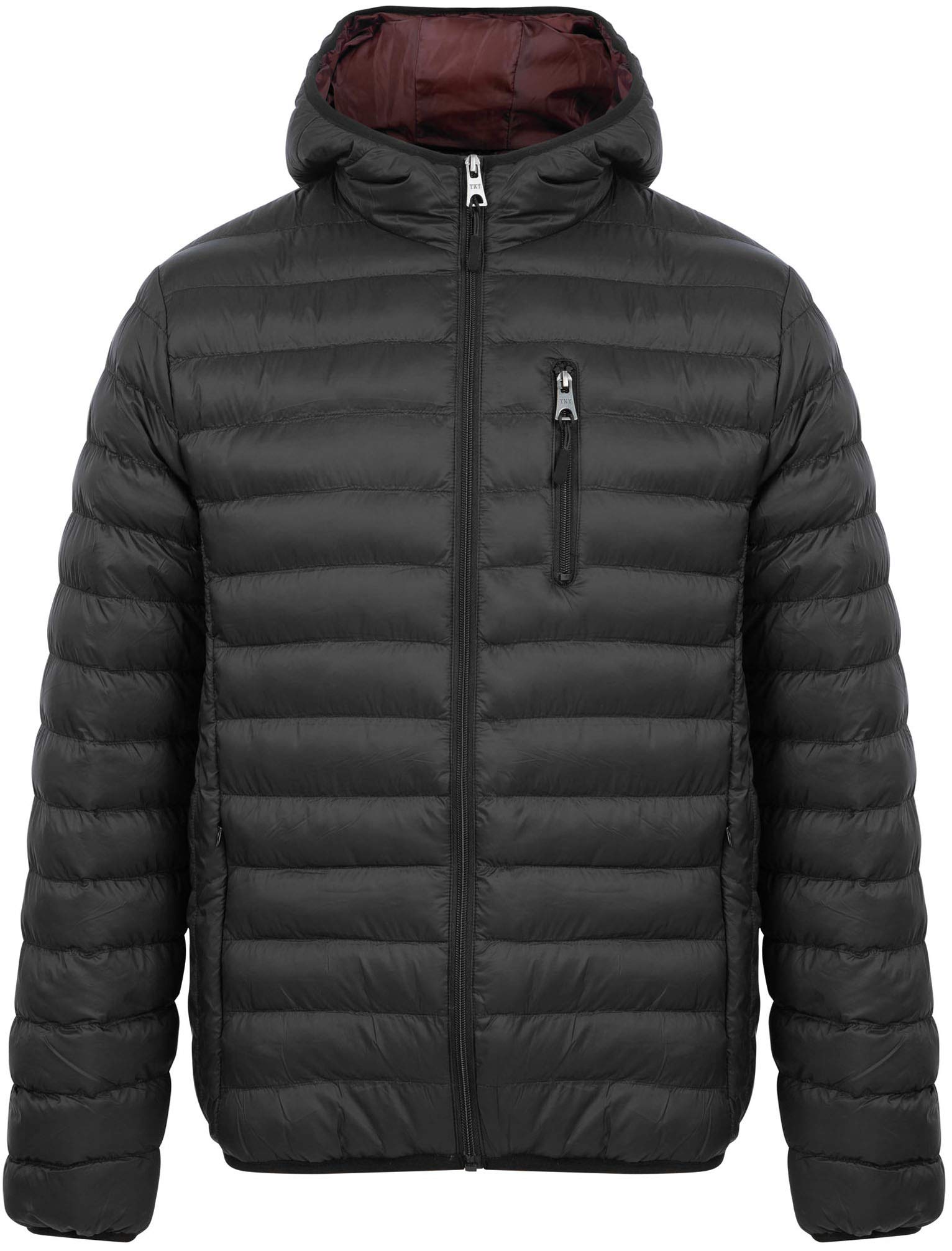 Tokyo Laundry Vizzini Quilted Puffer Jacket with Hood in Jet Black/Burgundy M